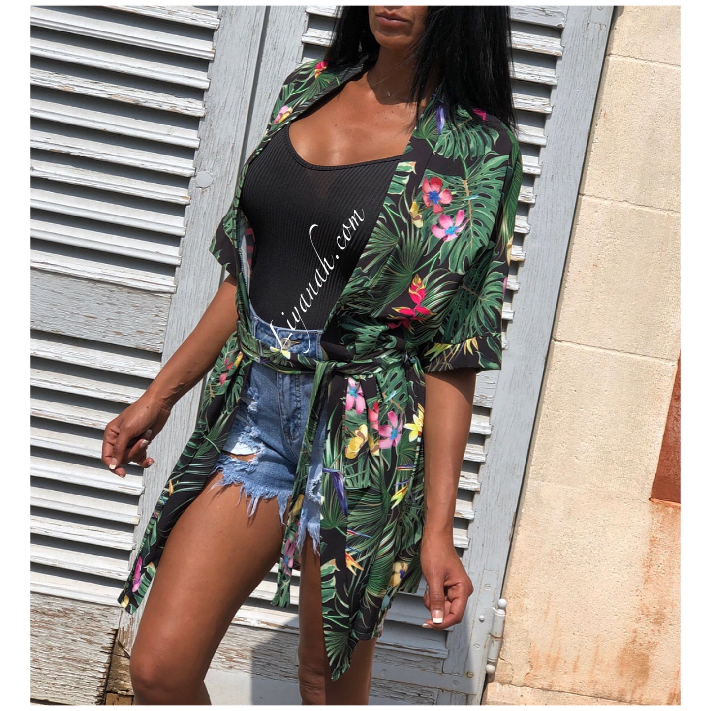Kimono PANAMYA Fleuri Noir, Blanc ou Vert Pistache