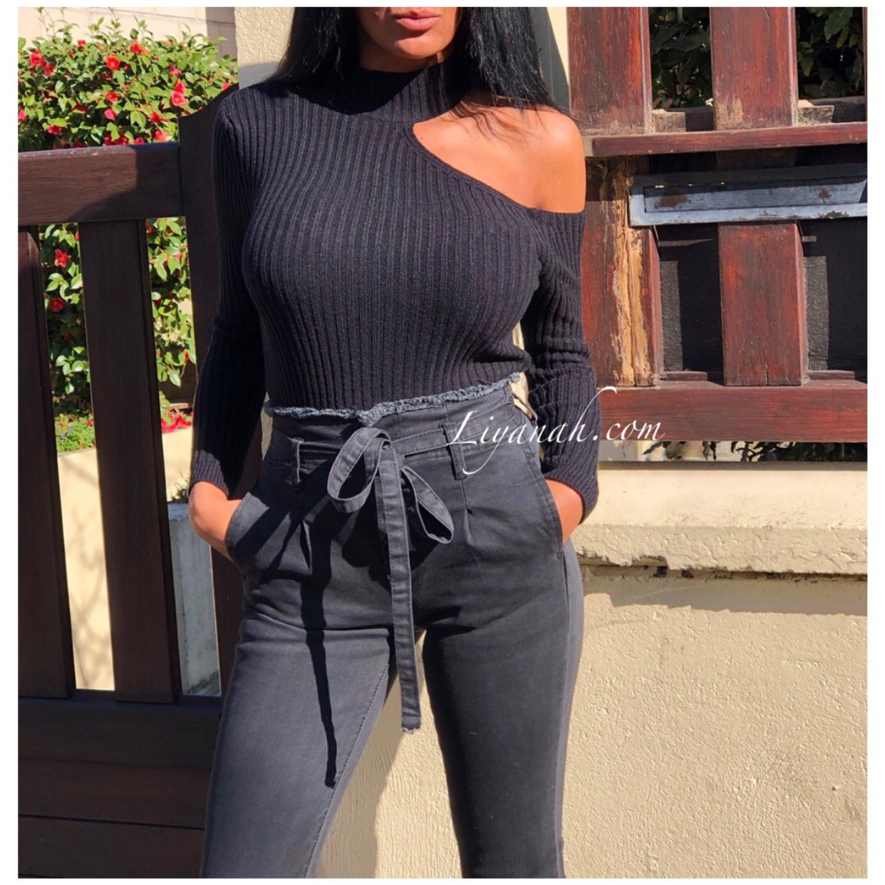 JEAN SLIM BLACK/GREY TAILLE Haute À NOEUD Modèle KYANA