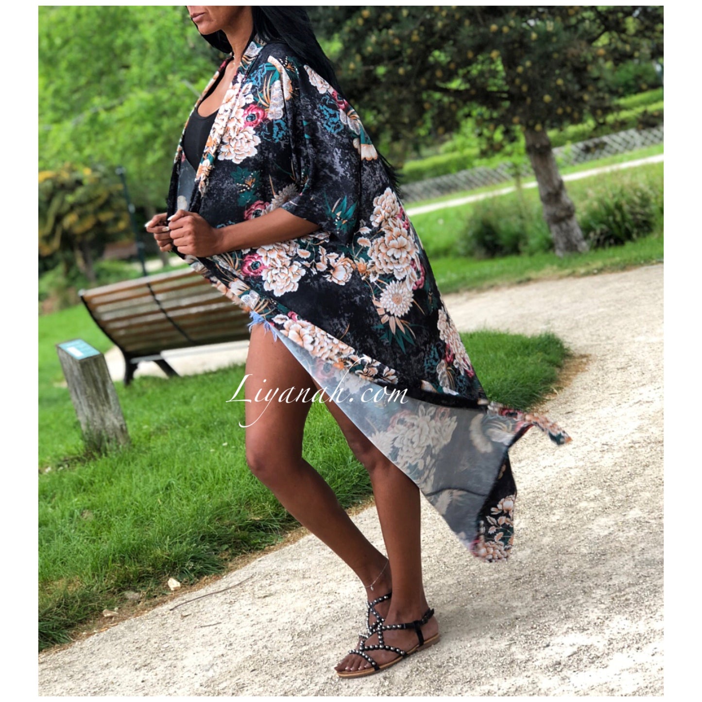 Kimono Long AYALA Fleuri Rose ou Vert