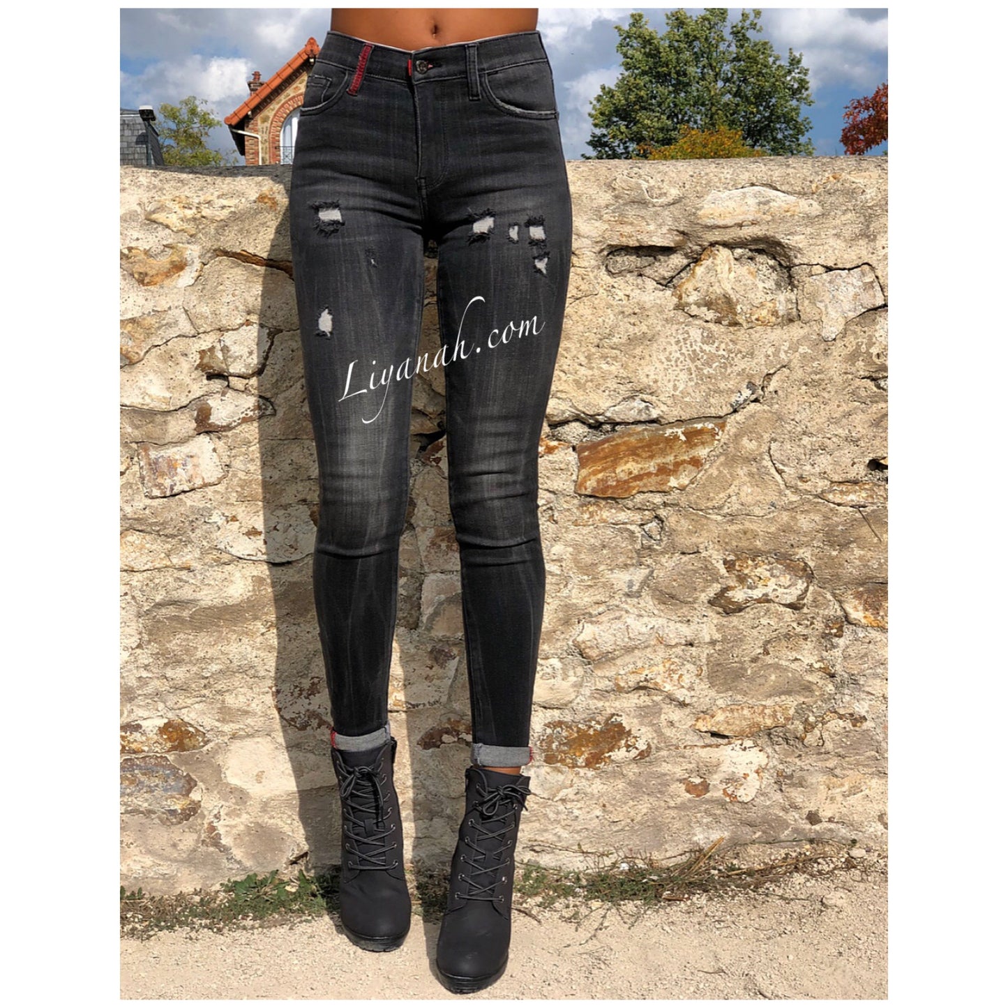 Jean Skinny Modèle DARYA GRIS FONCÉ DESTROY TAILLE MI-HAUTE