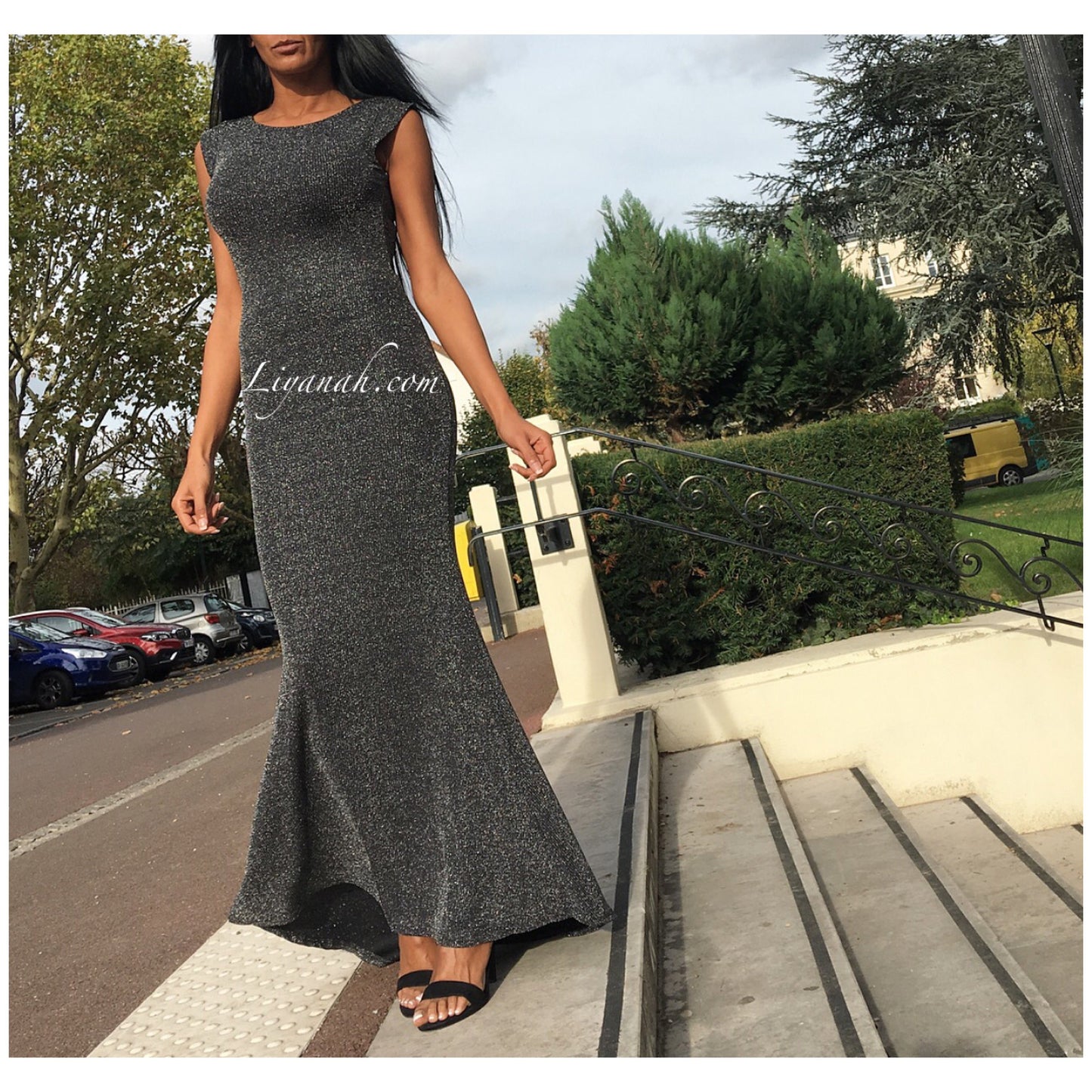 ROBE longue à Paillettes Glamour ARGENT Modèle KENDRA