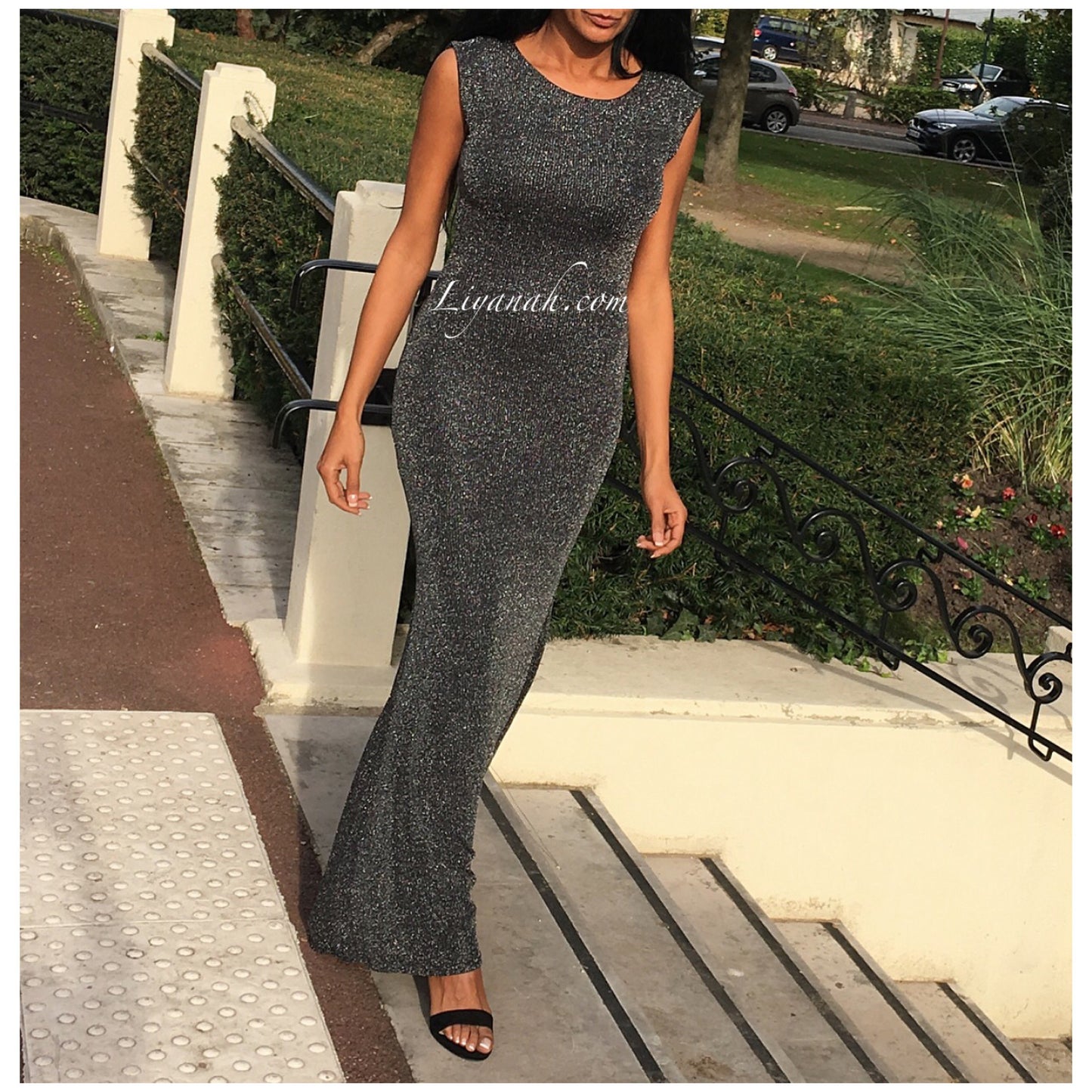 ROBE longue à Paillettes Glamour ARGENT Modèle KENDRA