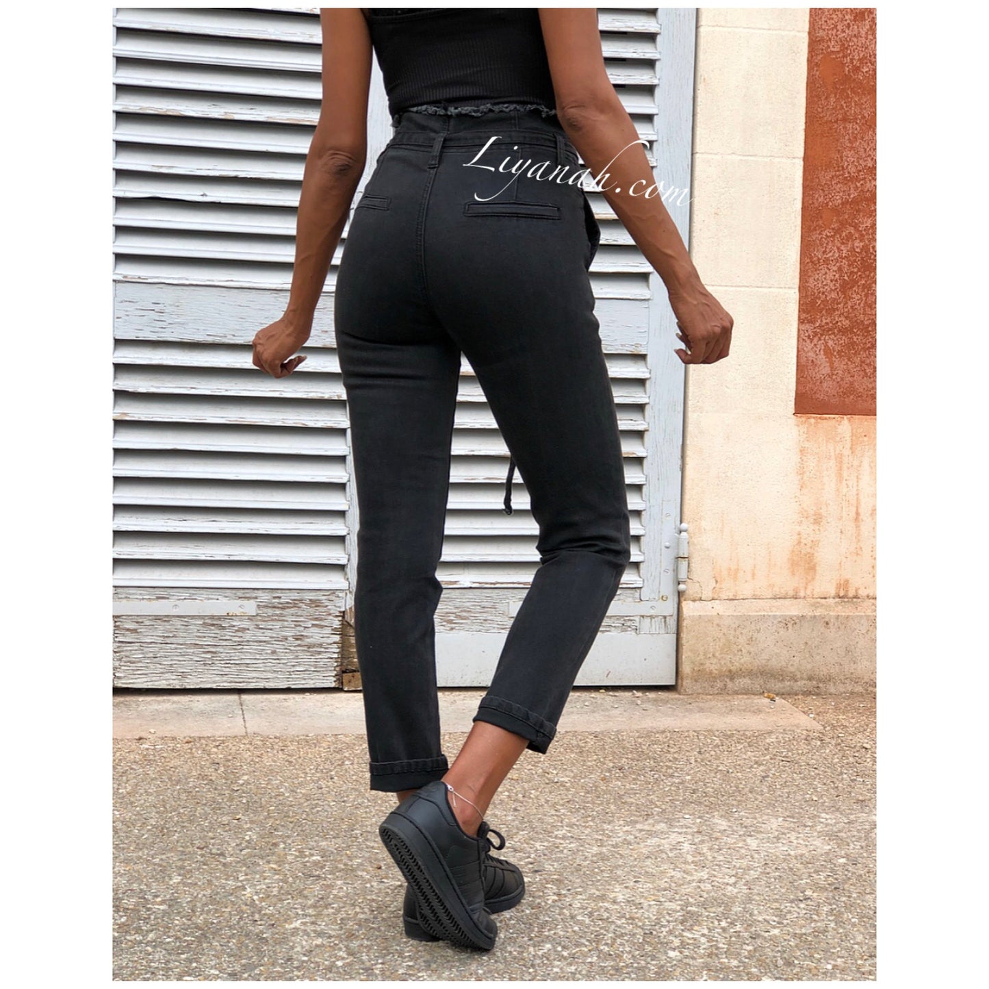 JEAN SLIM BLACK/GREY TAILLE Haute À NOEUD Modèle KYANA