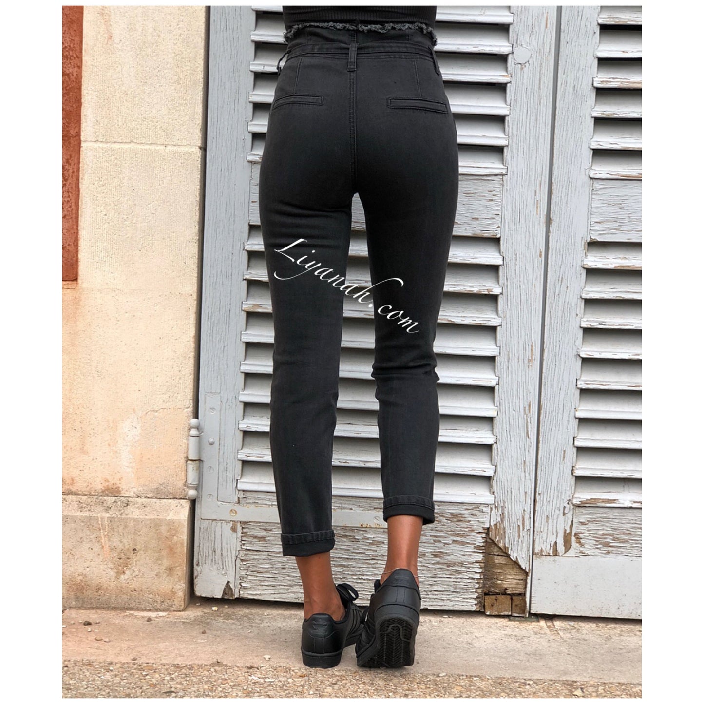 JEAN SLIM BLACK/GREY TAILLE Haute À NOEUD Modèle KYANA