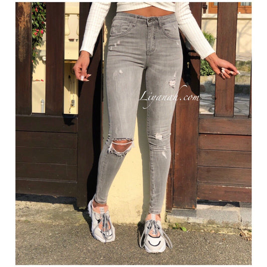 Jean Skinny Modèle DIVYA GRIS CLAIR DESTROY TAILLE MI-HAUTE