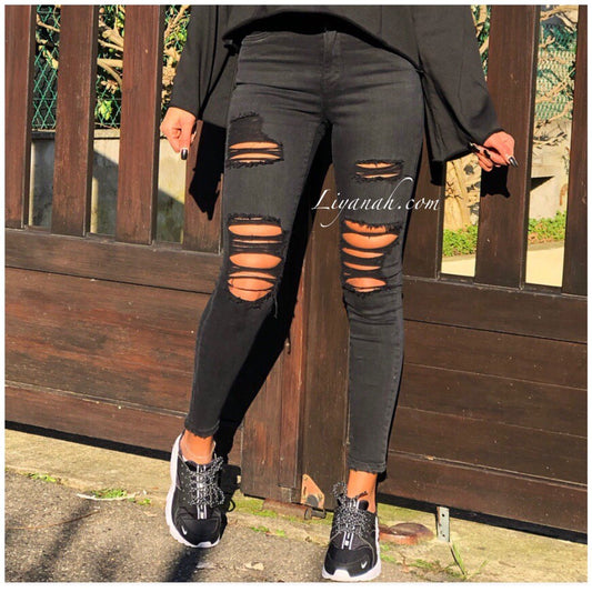 Jean Skinny BLACK DESTROY TAILLE MI-HAUTE Modèle SEYARA