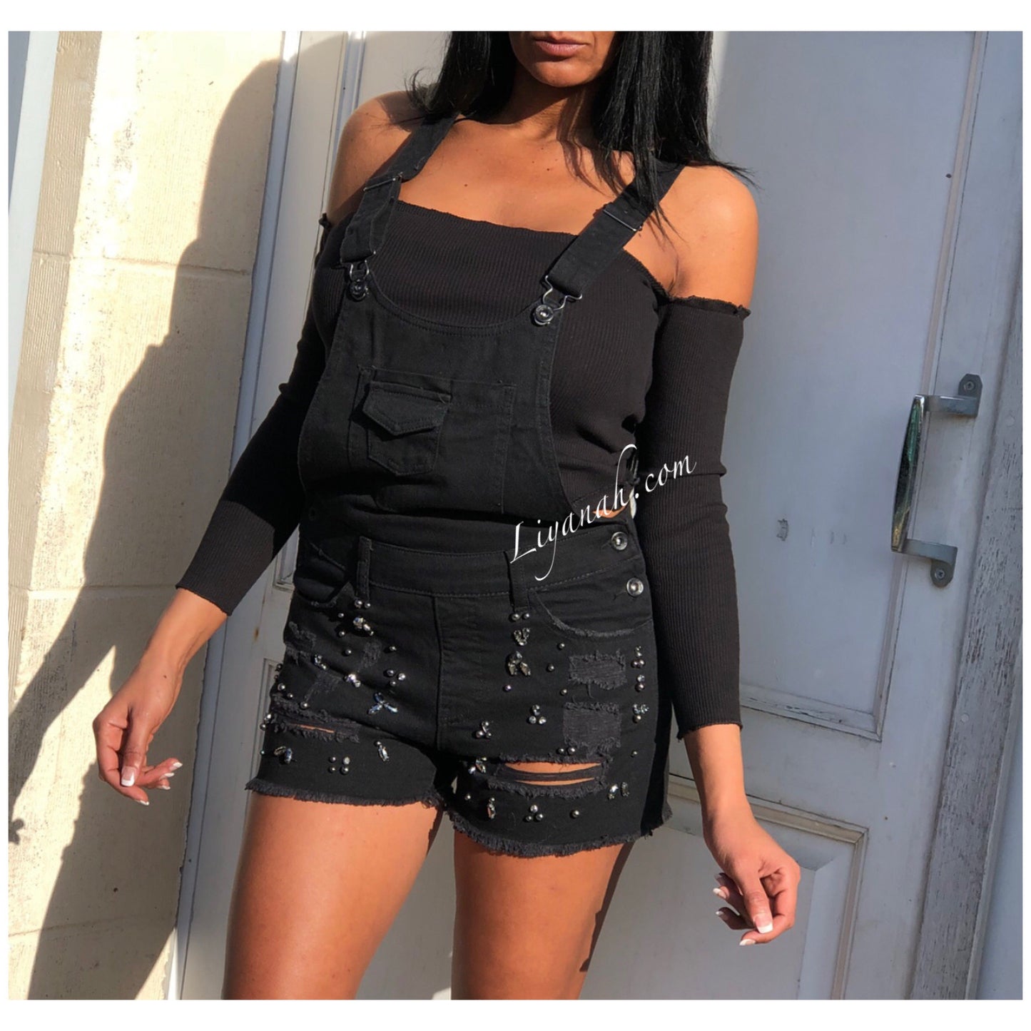 SALOPETTE SHORT Jean Effet Boyfriend MYRELA Noir