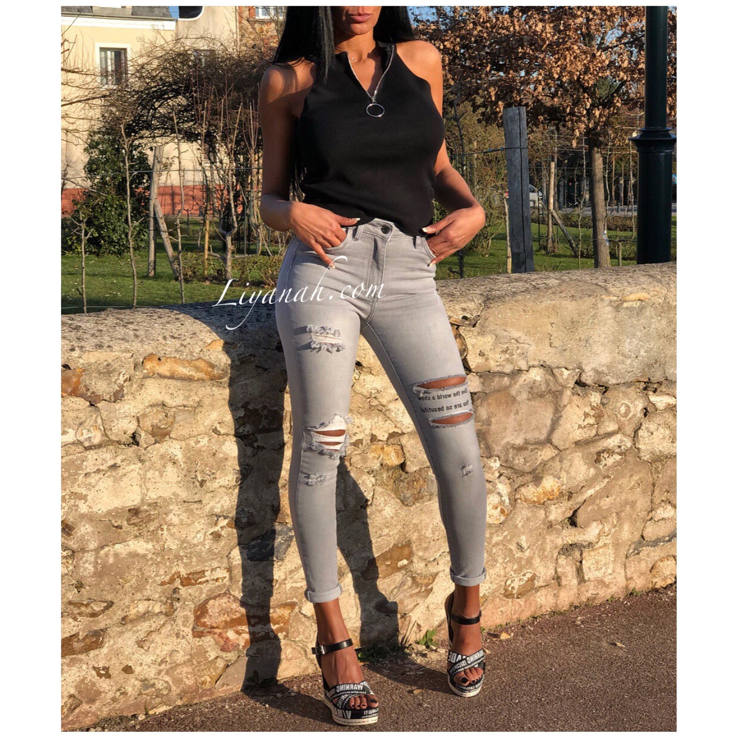 Jean Skinny DESTROY / GRIS CLAIR Modèle WAYA avec écritures