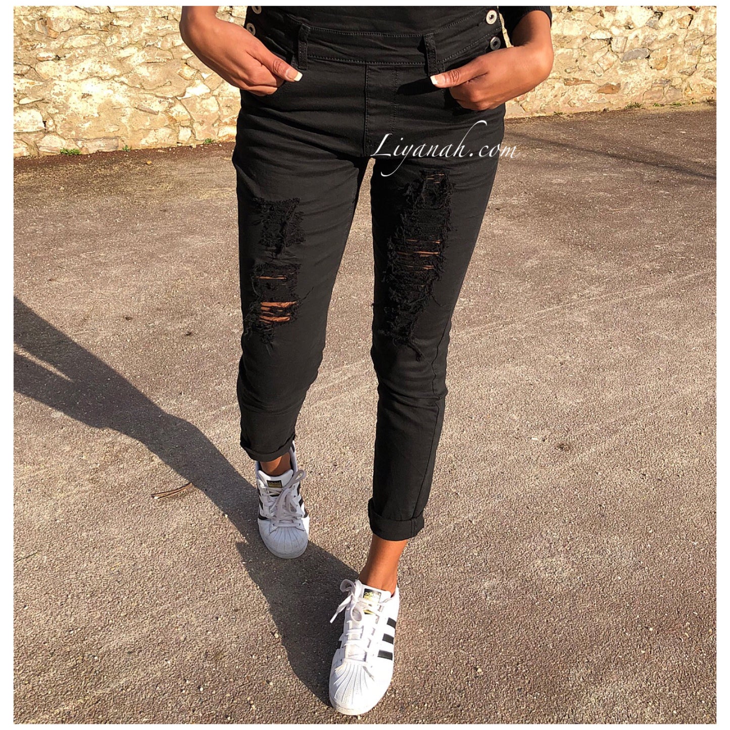 SALOPETTE NOIR Jean Effet Boyfriend MALYA