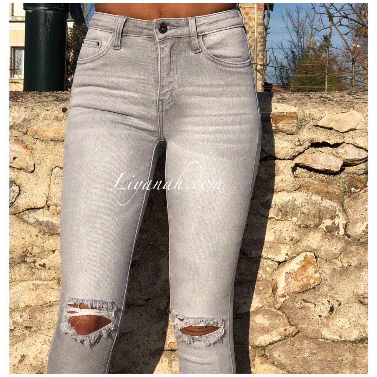 Jean Skinny Modèle MAHA GRIS CLAIR DESTROY TAILLE MI-HAUTE