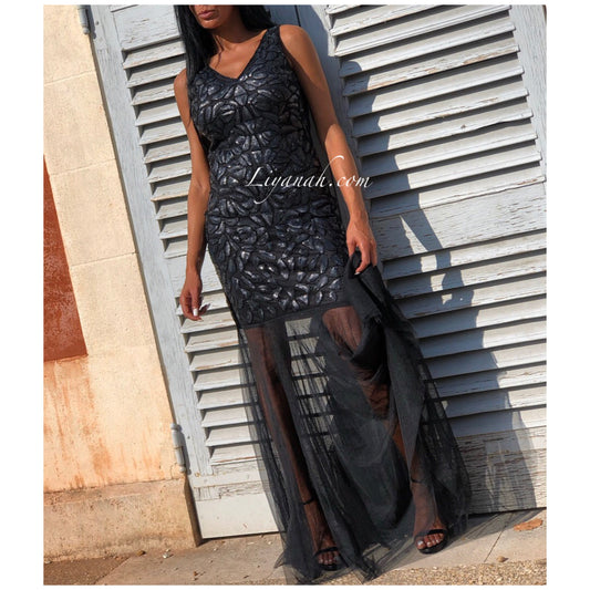 ROBE à Sequins Et Tulle NOIR Modèle SHAWNA