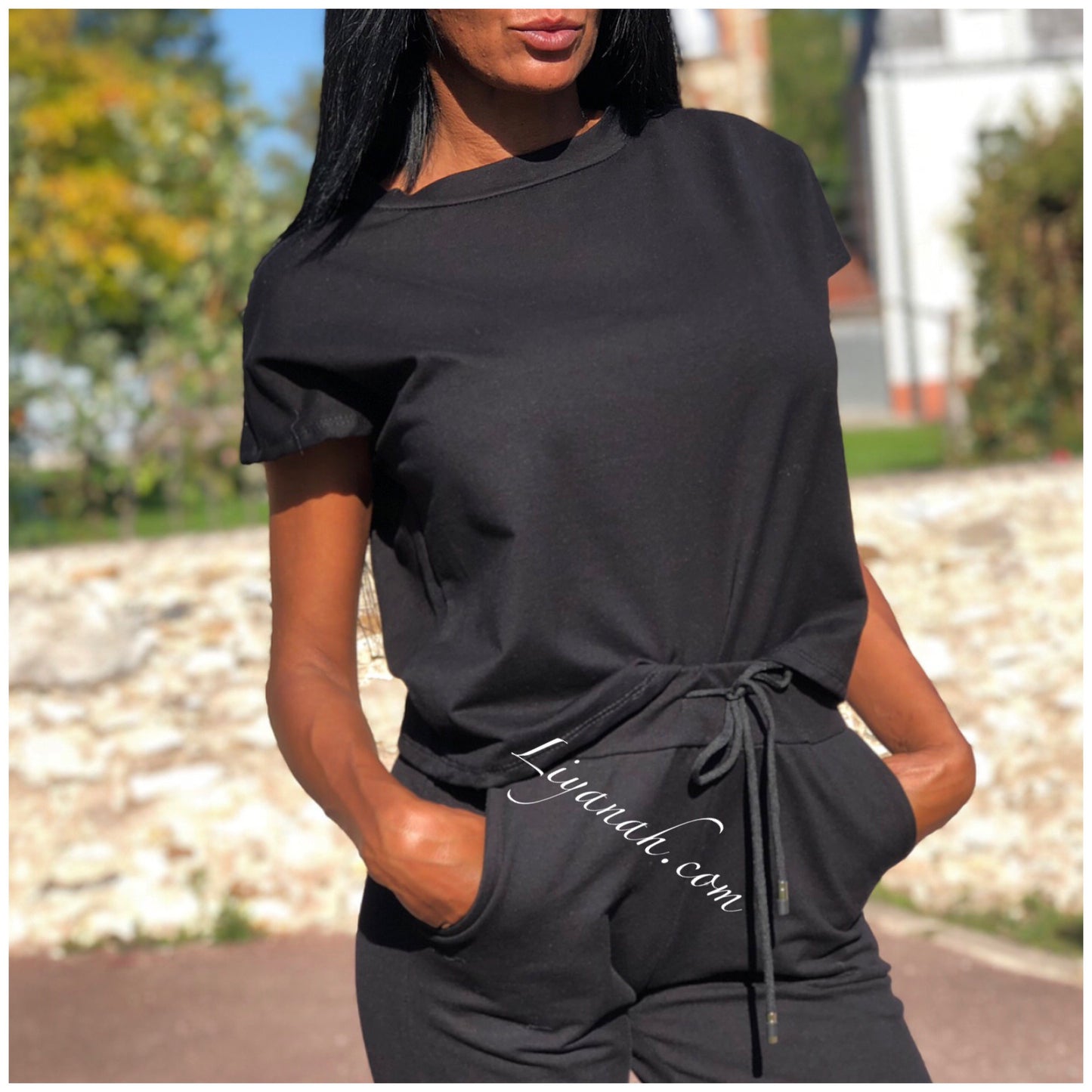 Ensemble Top / Pantalon Col Rond Modèle VEYA NOIR ou BEIGE