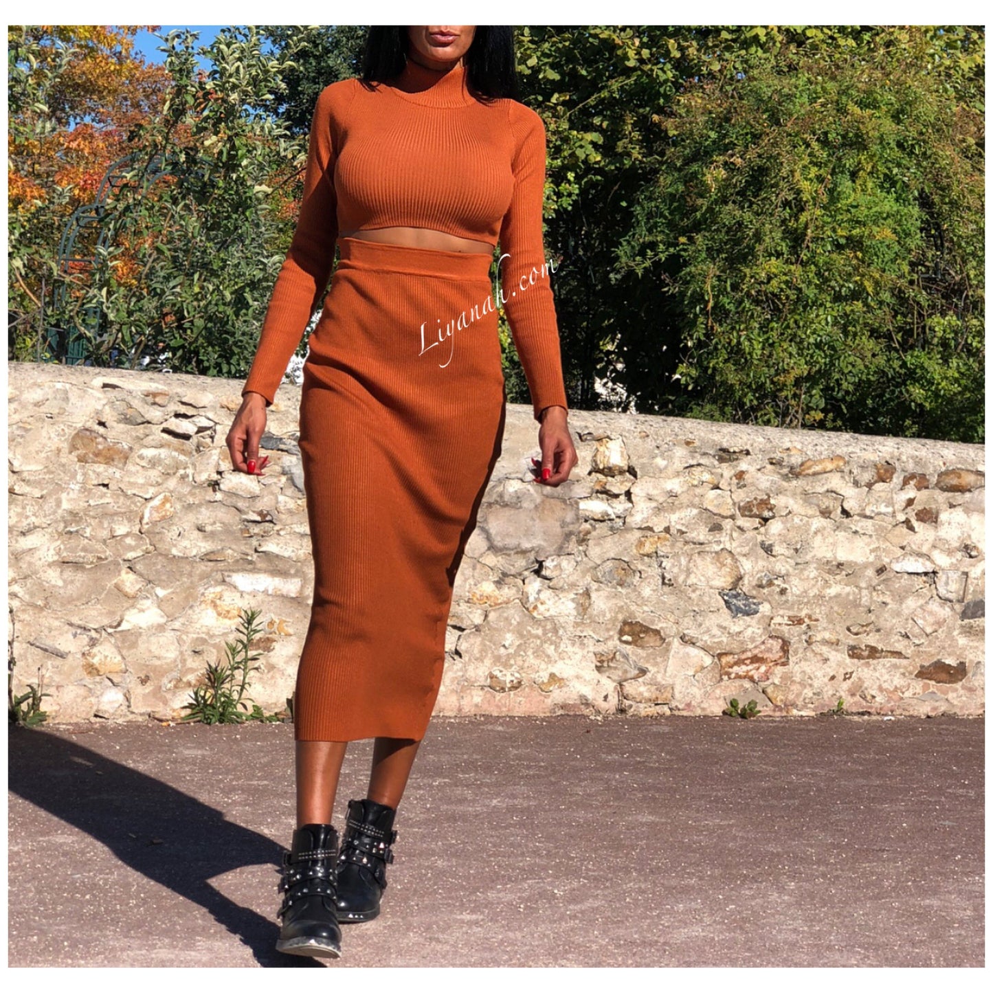 Ensemble Pull Crop Top et Jupe Longue Modèle ALYMEA ROUILLE