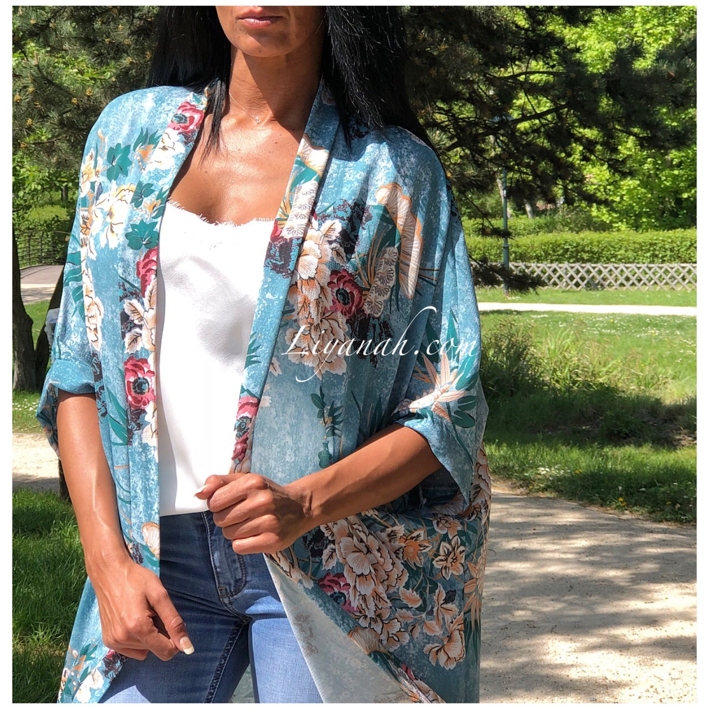 Kimono Long AYALA Fleuri Rose ou Vert