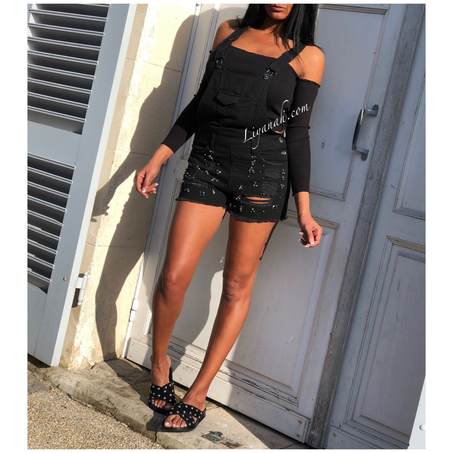 SALOPETTE SHORT Jean Effet Boyfriend MYRELA Noir