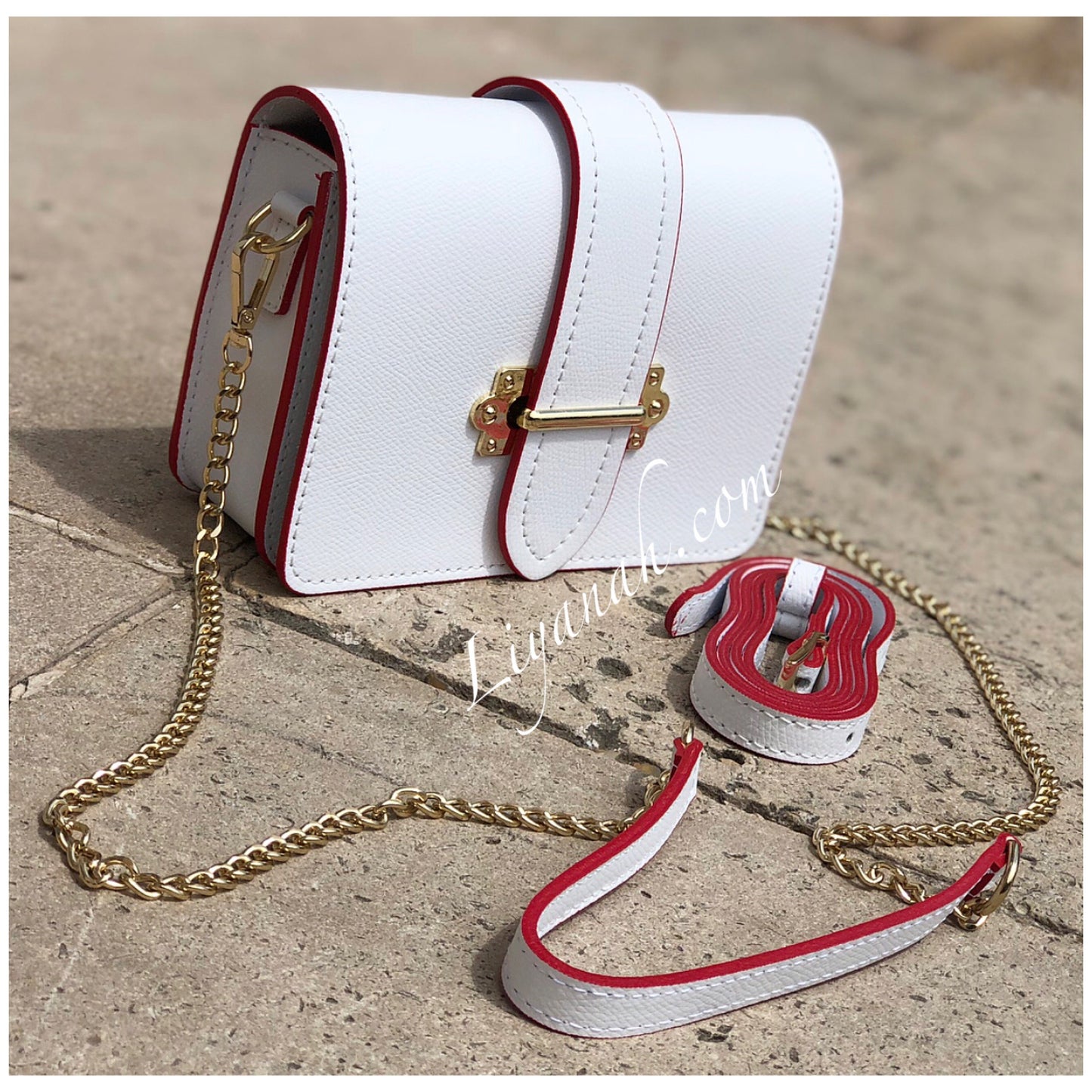 Sac Cuir PETIT Modèle EVYRYA BLANC CONTOUR ROUGE