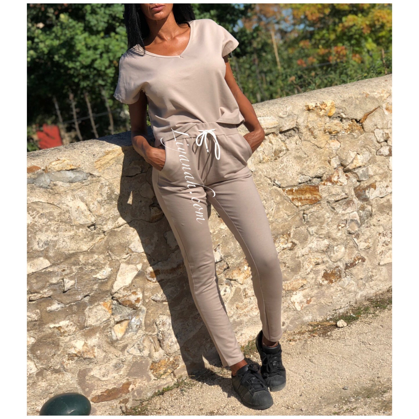 Ensemble Top / Pantalon Col V Modèle VEYA NOIR ou BEIGE