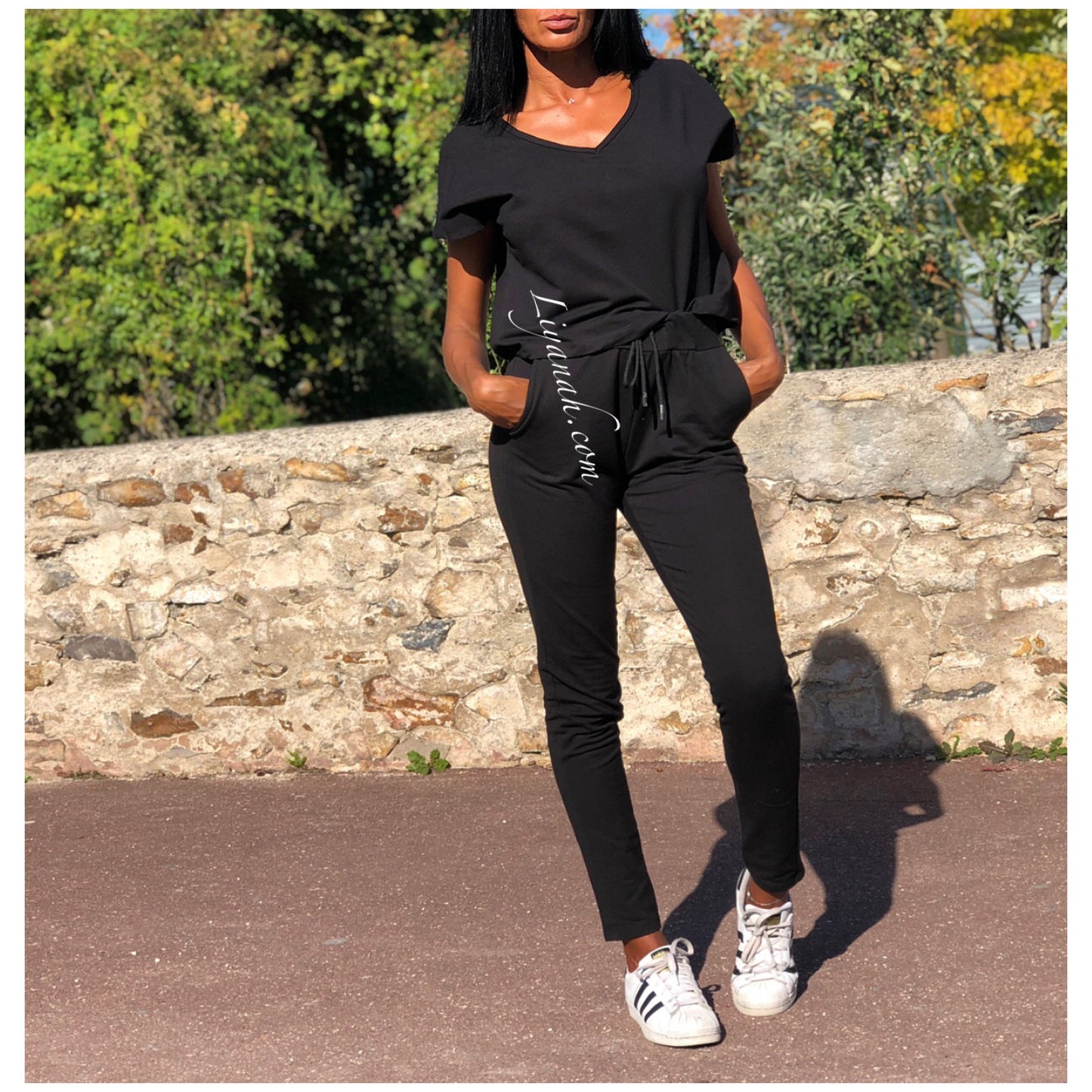 Ensemble Top / Pantalon Col V Modèle VEYA NOIR ou BEIGE