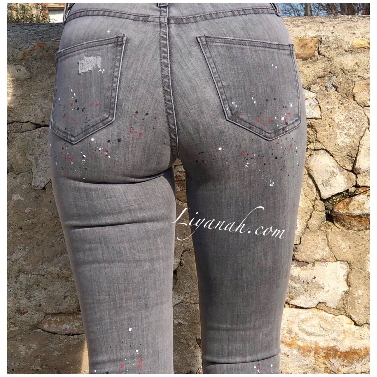 Jean Skinny DESTROY / GRIS Modèle KANYA avec peintures