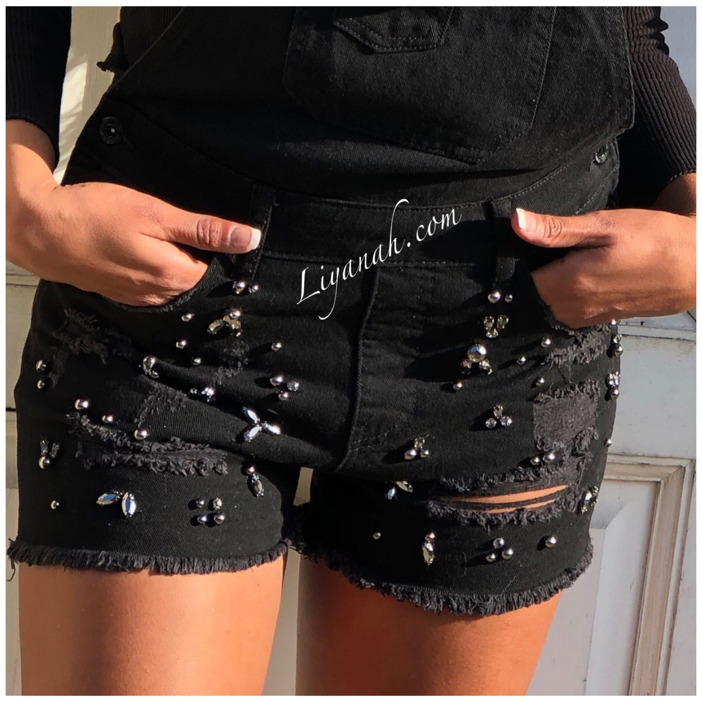 SALOPETTE SHORT Jean Effet Boyfriend MYRELA Noir