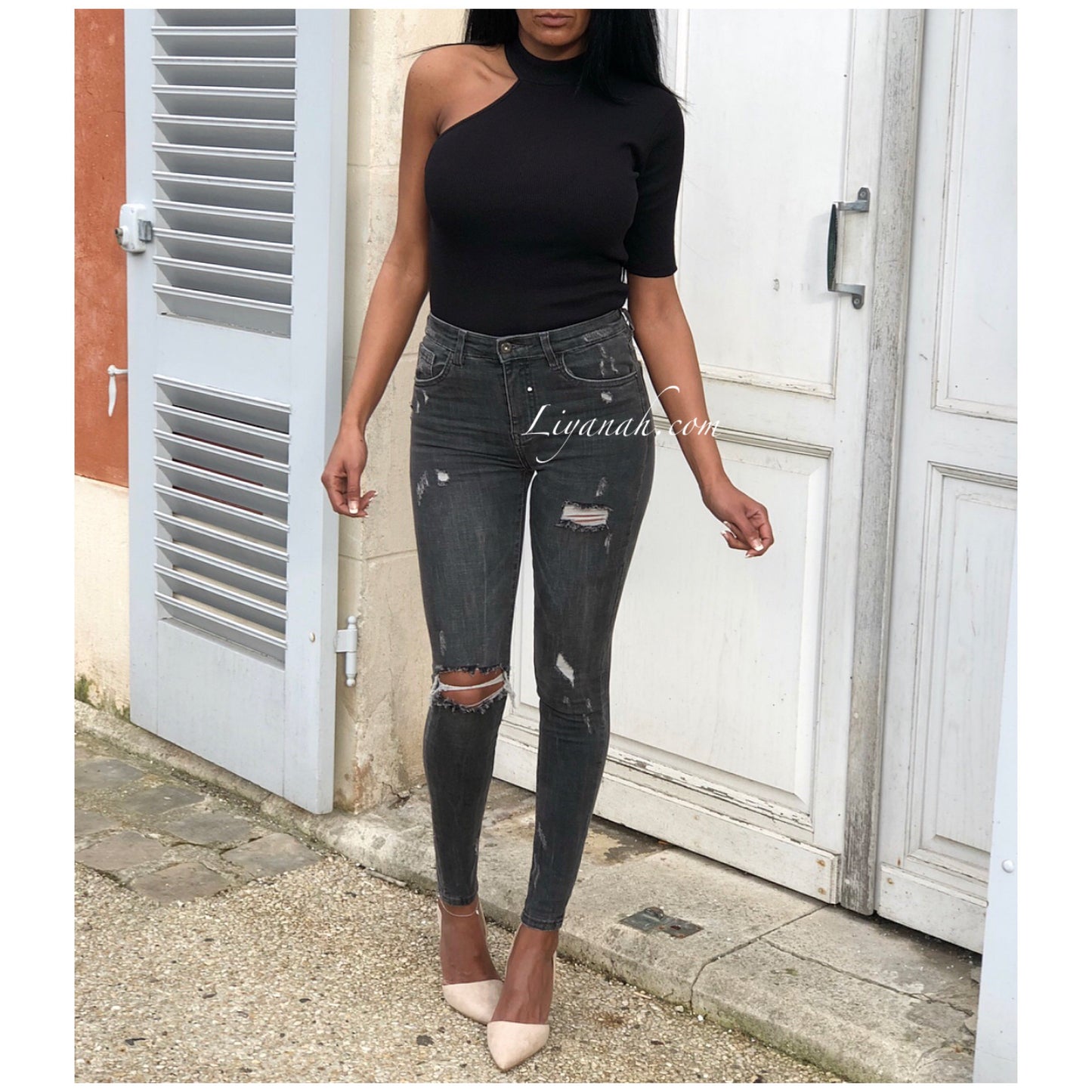 Jean Skinny Modèle DIVYA GRIS FONCÉ DESTROY TAILLE MI-HAUTE