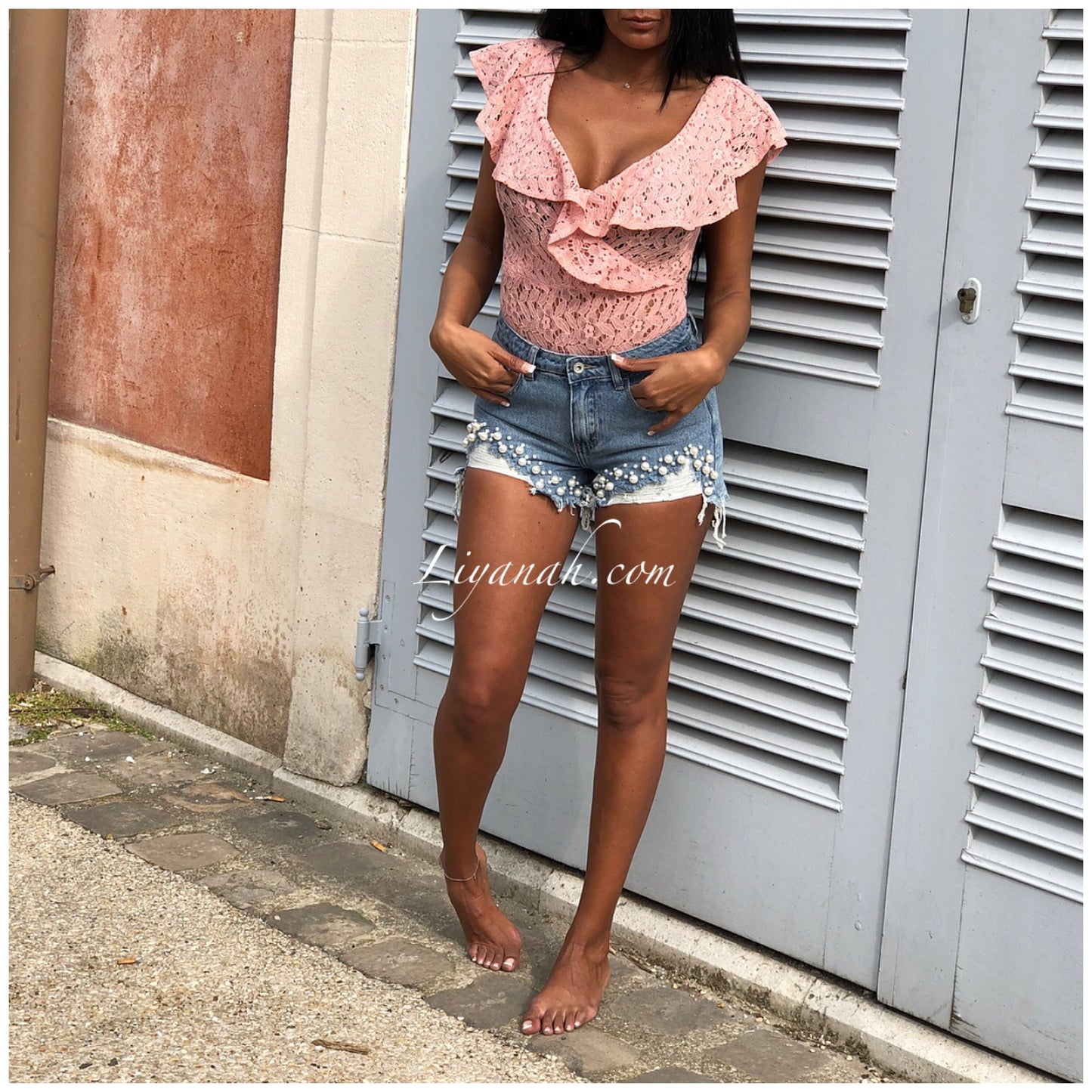 SHORT JEAN Destroy Perles Modèle JANYALA