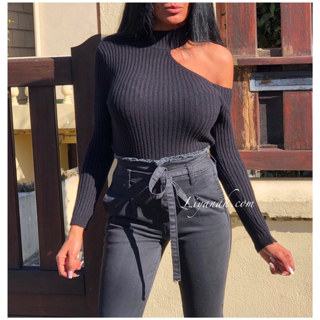 JEAN SLIM BLACK/GREY TAILLE Haute À NOEUD Modèle KYANA