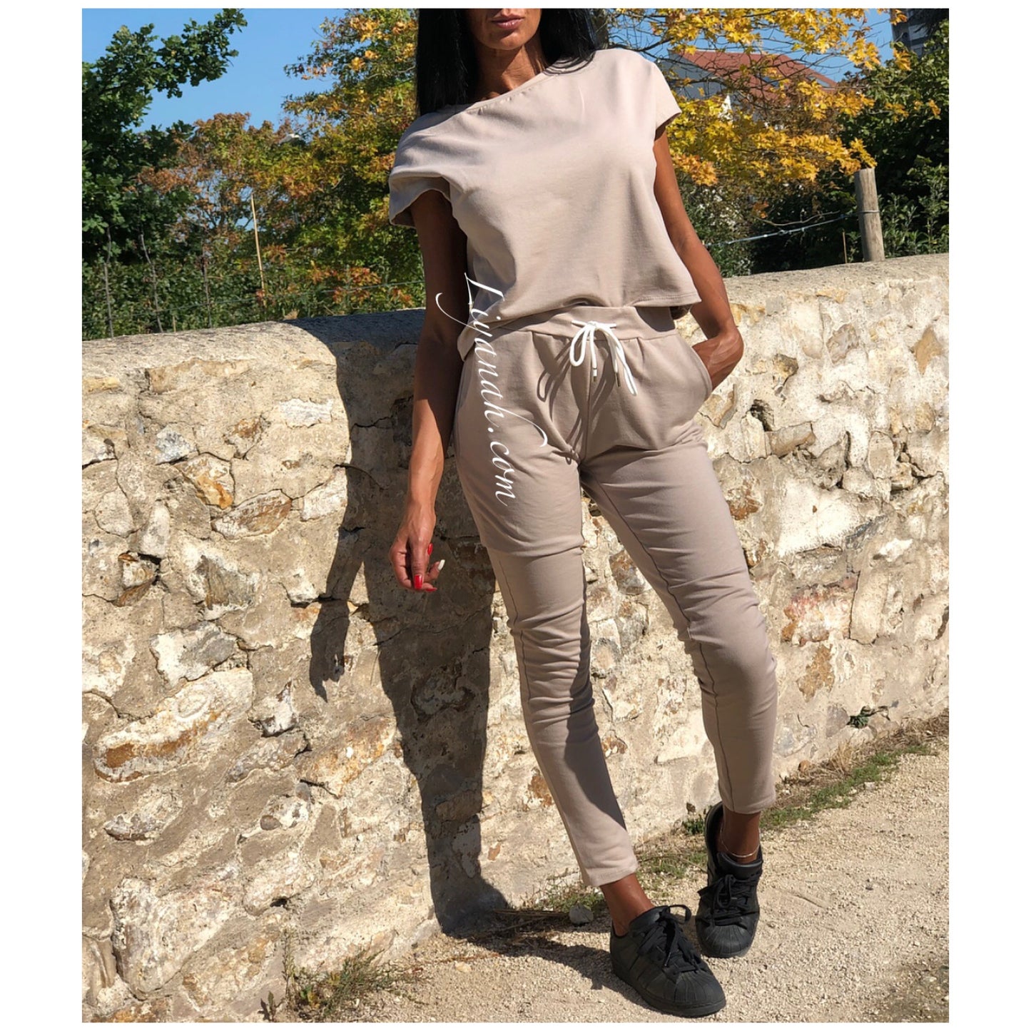 Ensemble Top / Pantalon Col Rond Modèle VEYA NOIR ou BEIGE