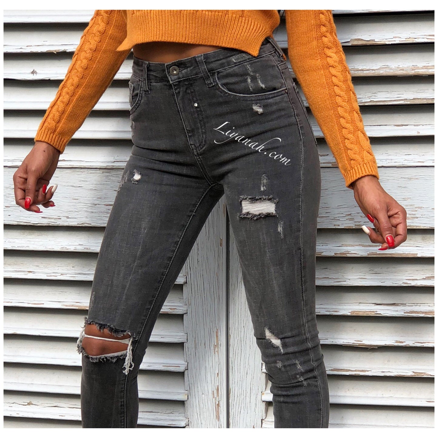 Jean Skinny Modèle DIVYA GRIS FONCÉ DESTROY TAILLE MI-HAUTE