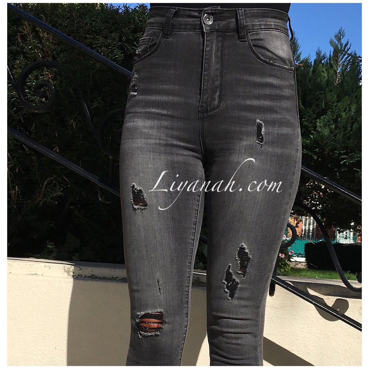 Jean Skinny Modèle RAYANA Destroy GRIS FONCÉ TAILLE HAUTE