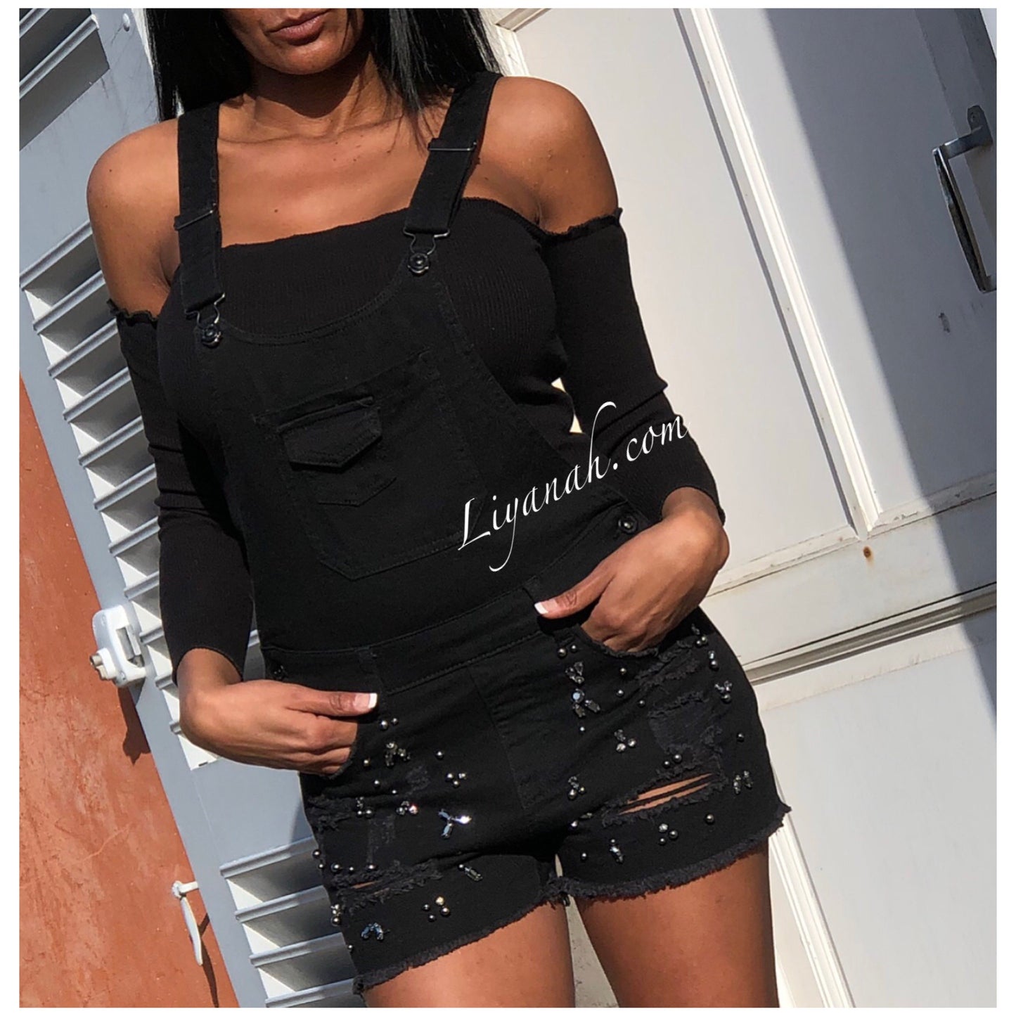 SALOPETTE SHORT Jean Effet Boyfriend MYRELA Noir