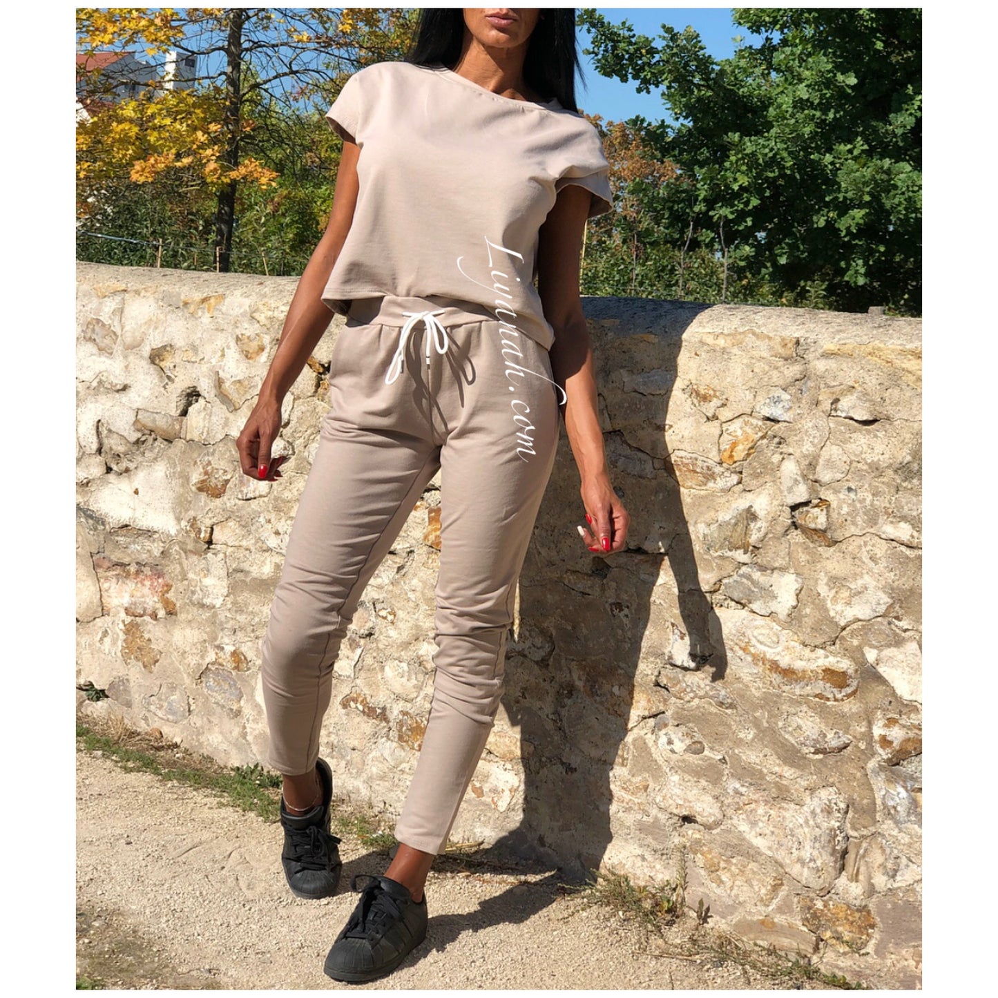 Ensemble Top / Pantalon Col Rond Modèle VEYA NOIR ou BEIGE