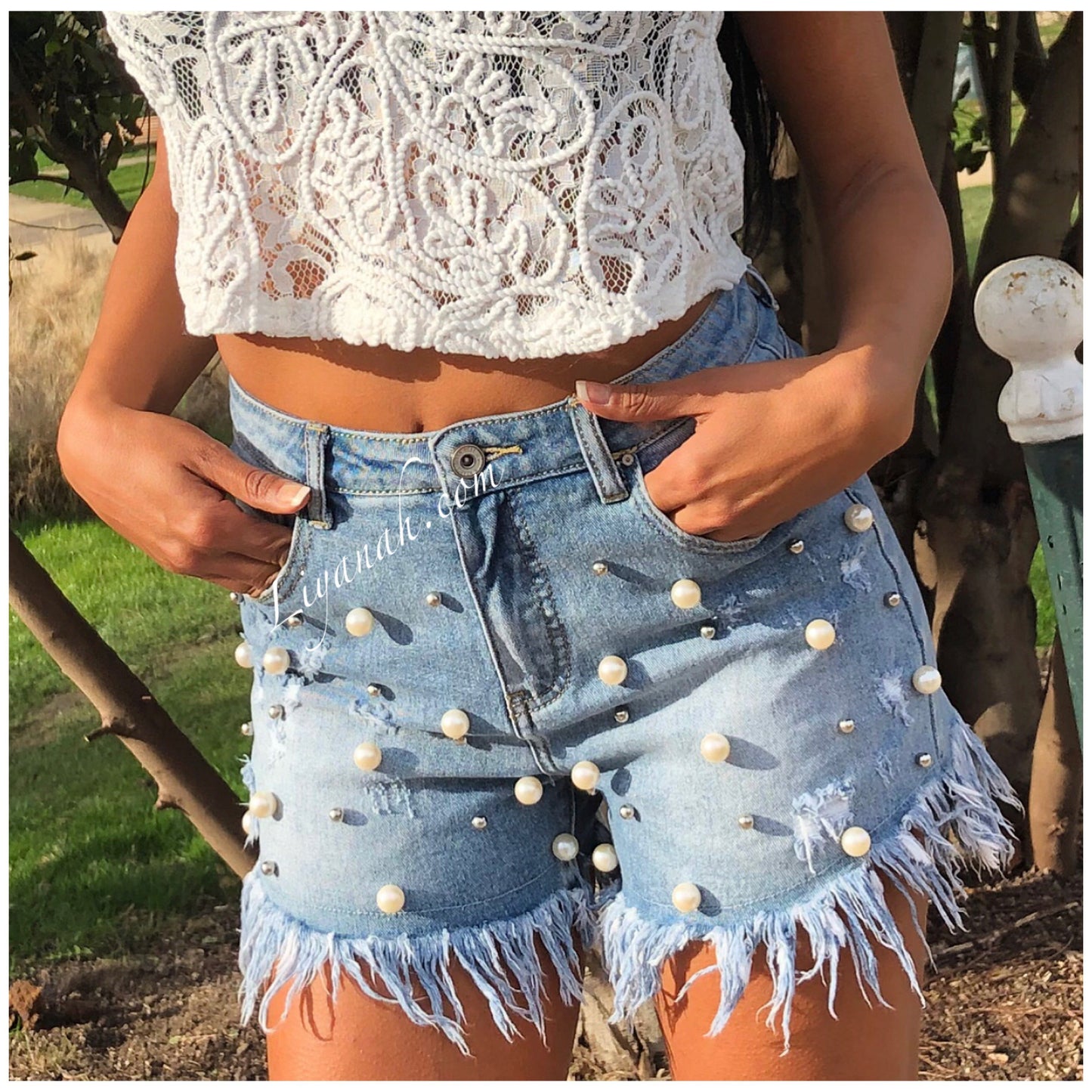 SHORT JEAN Destroy Perles Modèle ASCHYA