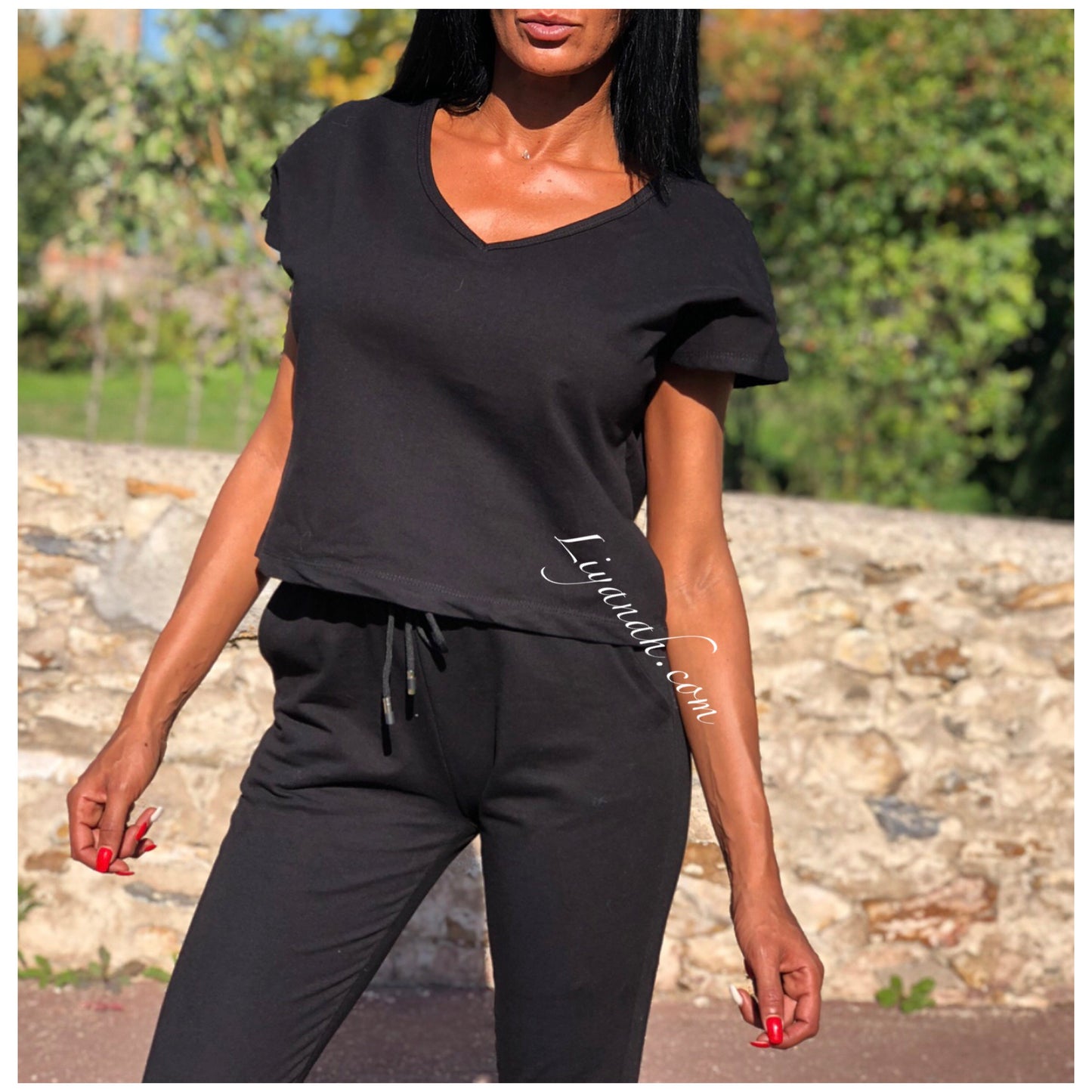 Ensemble Top / Pantalon Col V Modèle VEYA NOIR ou BEIGE