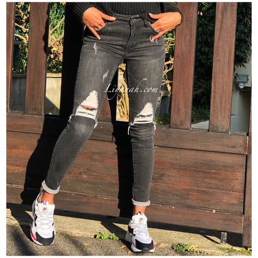 Jean Skinny Modèle YEBARA GREY/BLACK DESTROY