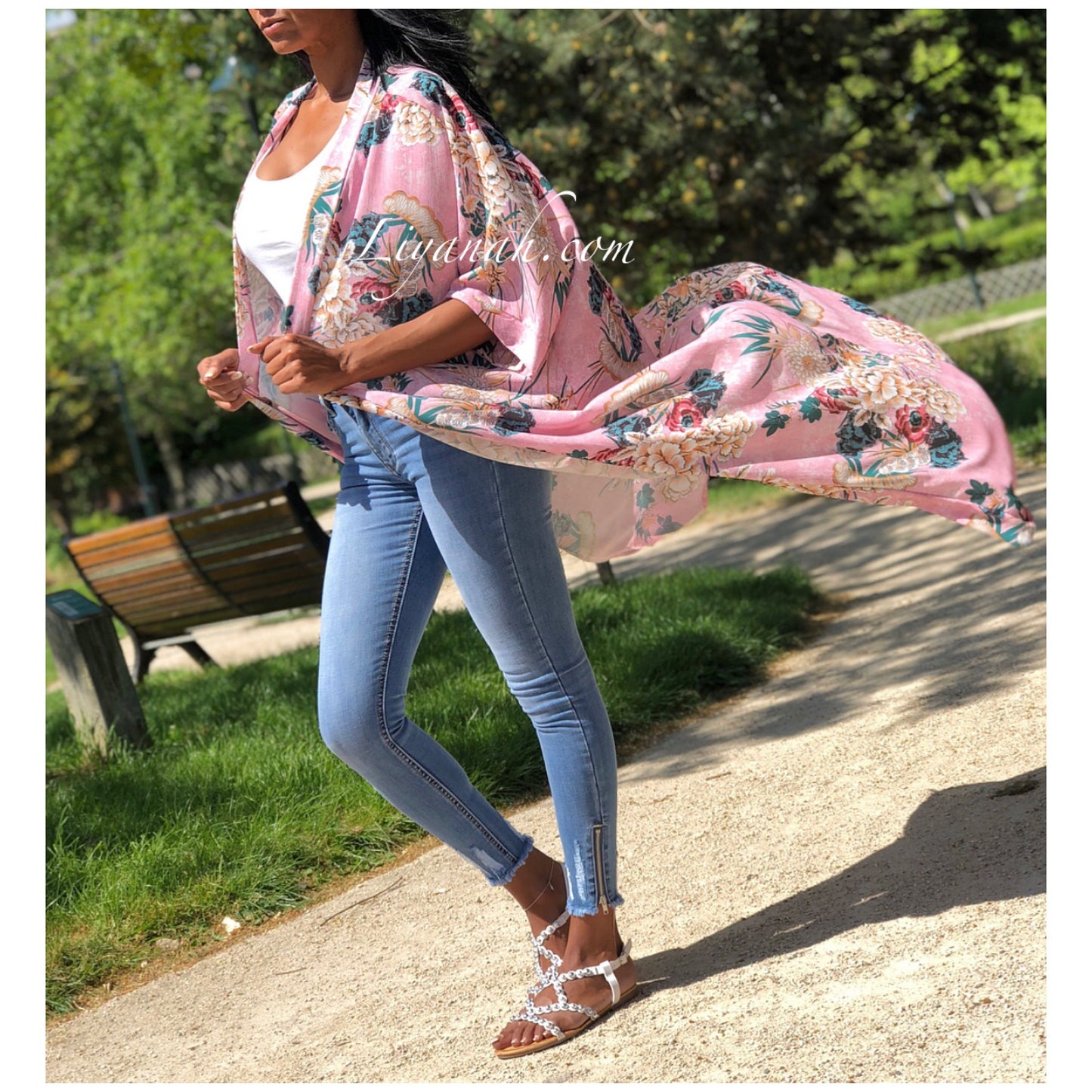 Kimono Long AYALA Fleuri Rose ou Vert