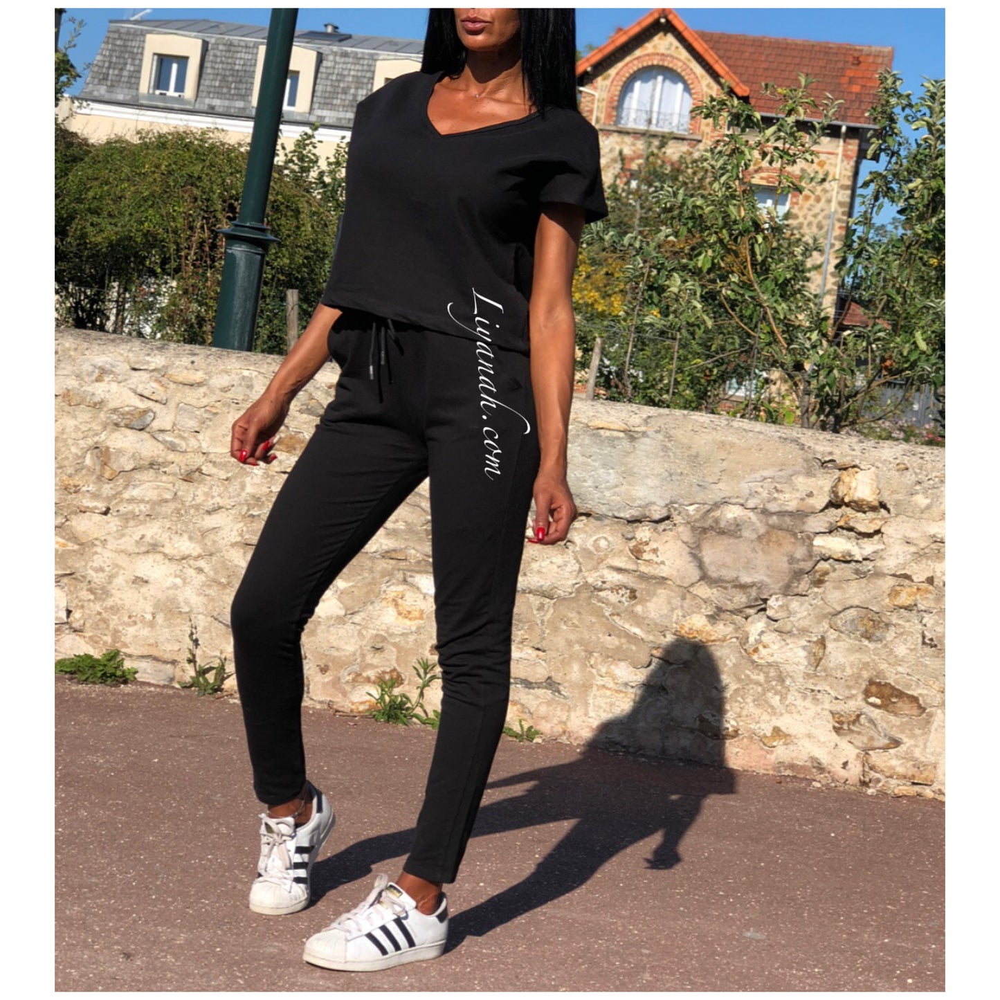 Ensemble Top / Pantalon Col V Modèle VEYA NOIR ou BEIGE