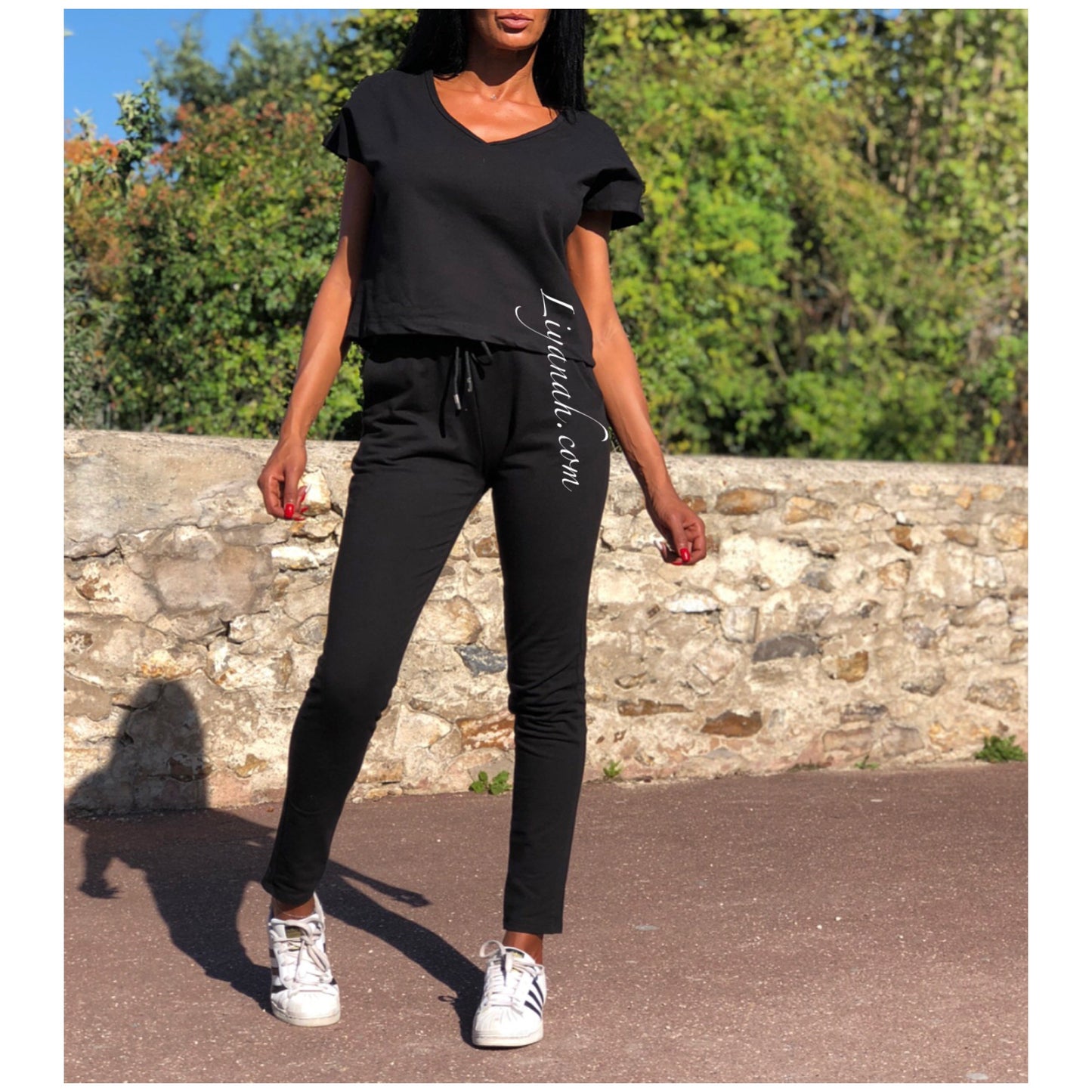 Ensemble Top / Pantalon Col V Modèle VEYA NOIR ou BEIGE