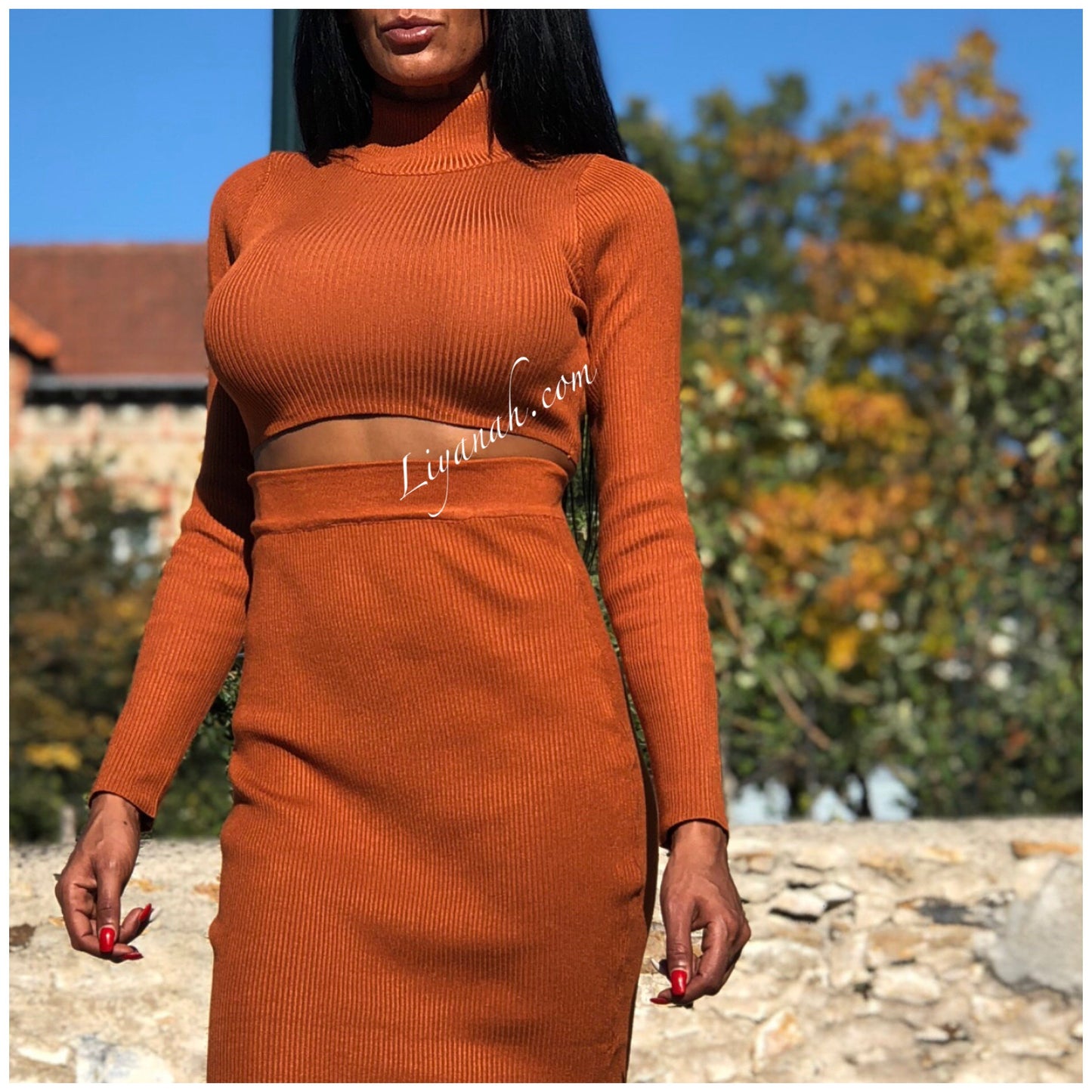 Ensemble Pull Crop Top et Jupe Longue Modèle ALYMEA ROUILLE