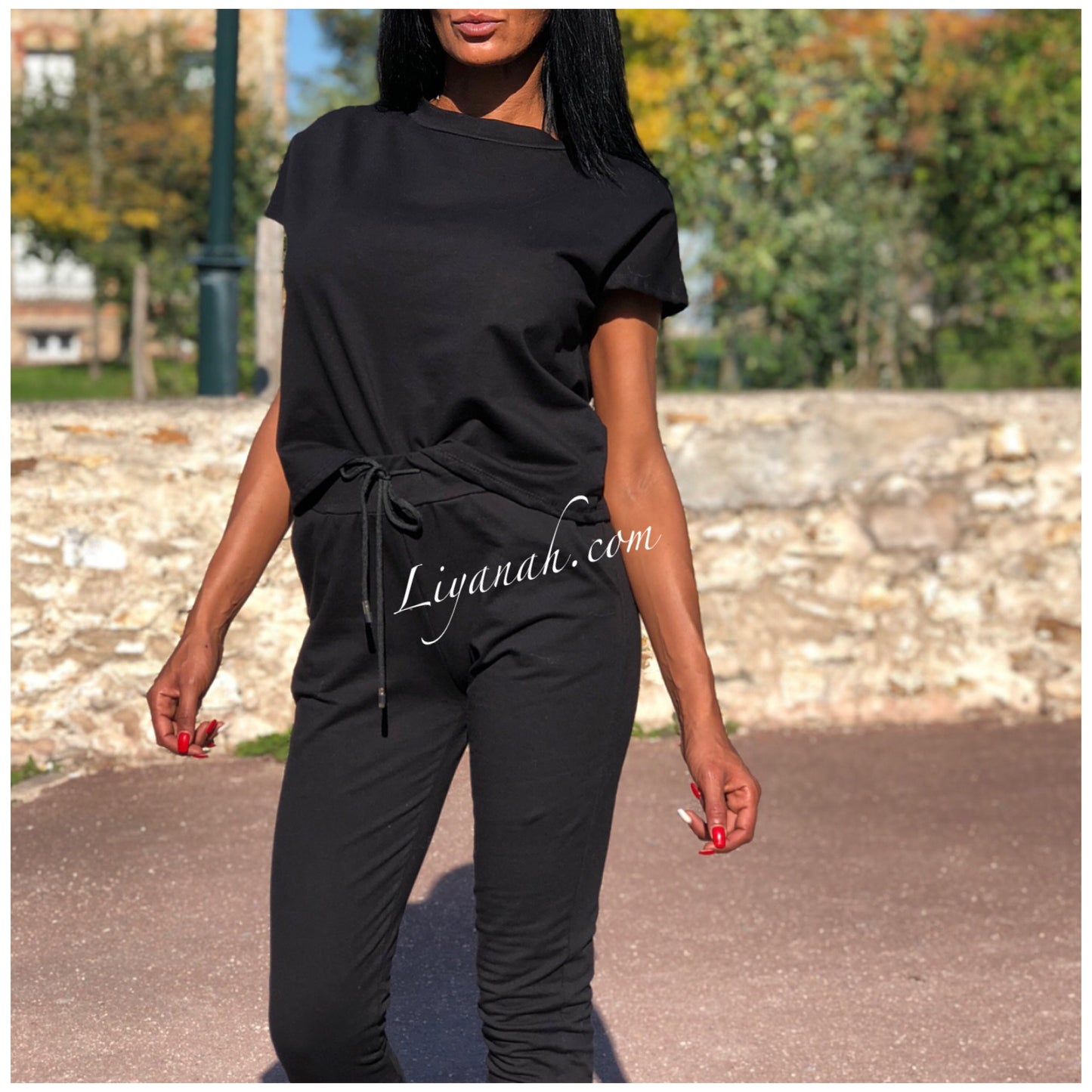 Ensemble Top / Pantalon Col Rond Modèle VEYA NOIR ou BEIGE