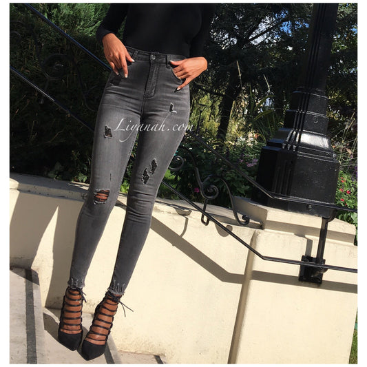 Jean Skinny Modèle RAYANA Destroy GRIS FONCÉ TAILLE HAUTE