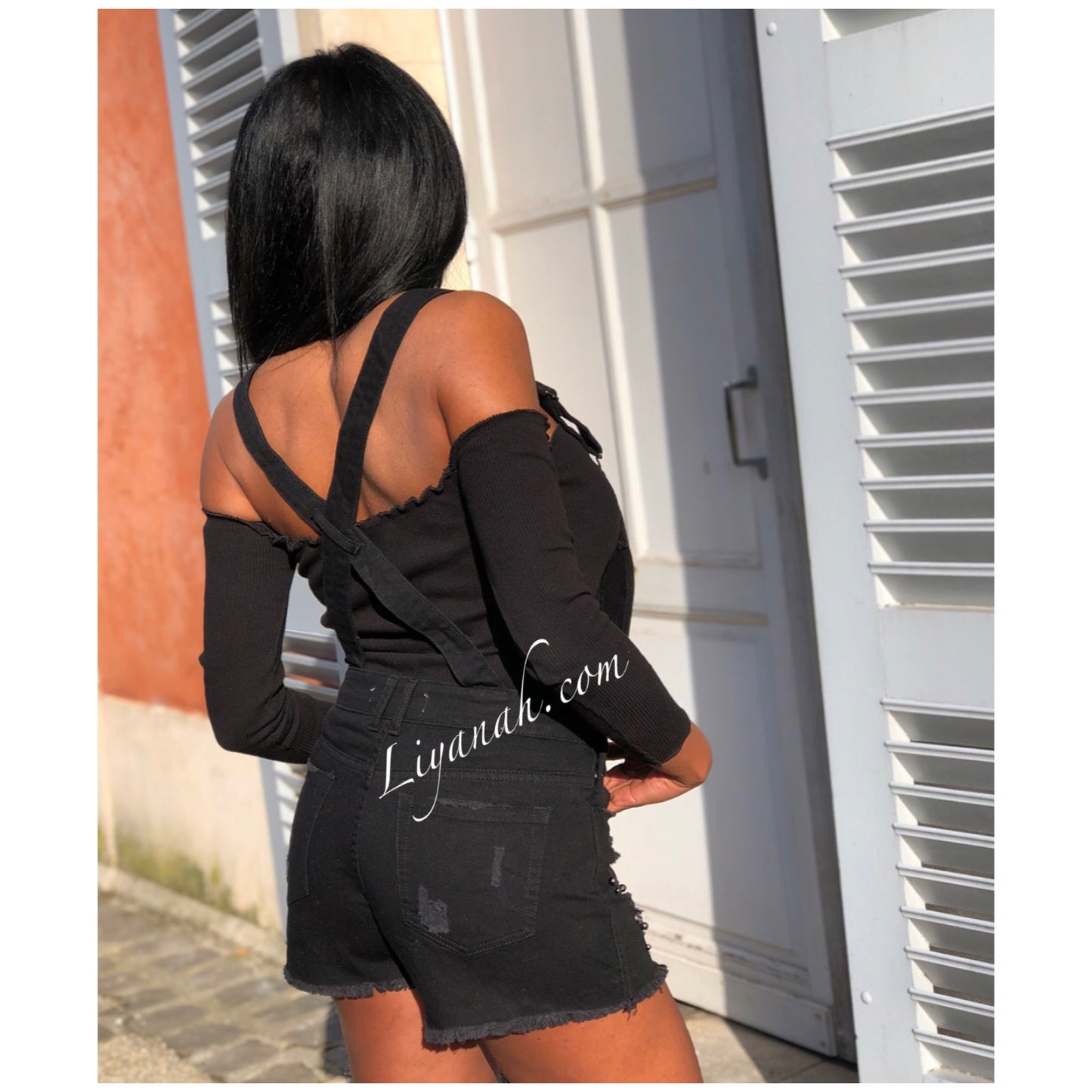 SALOPETTE SHORT Jean Effet Boyfriend MYRELA Noir