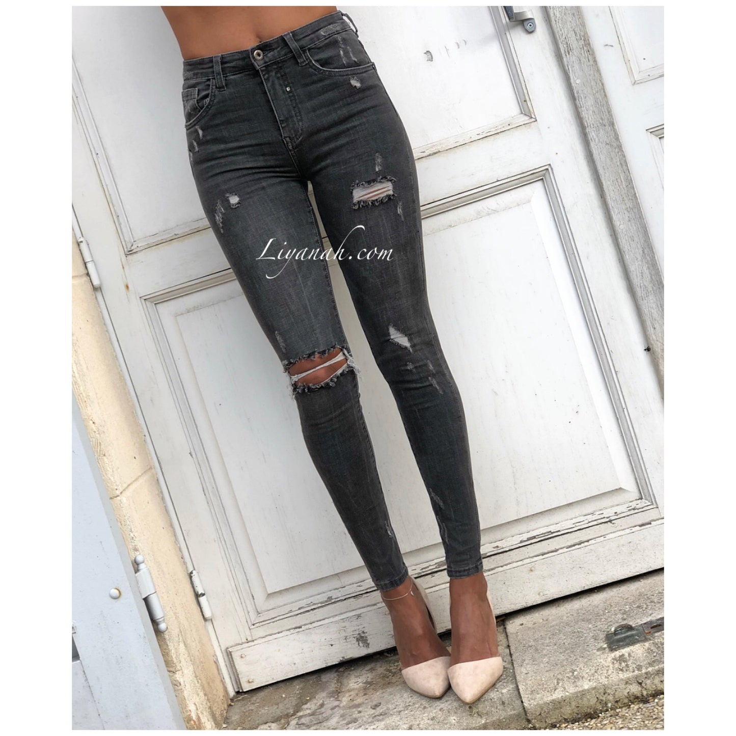 Jean Skinny Modèle DIVYA GRIS FONCÉ DESTROY TAILLE MI-HAUTE