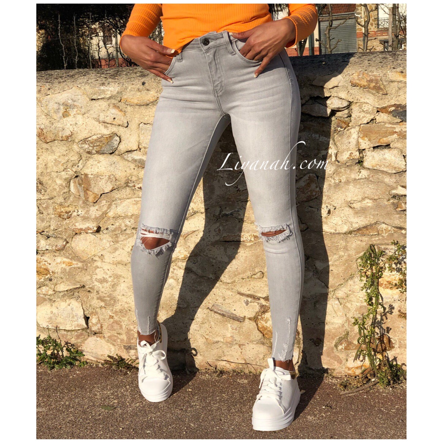 Jean Skinny Modèle MAHA GRIS CLAIR DESTROY TAILLE MI-HAUTE