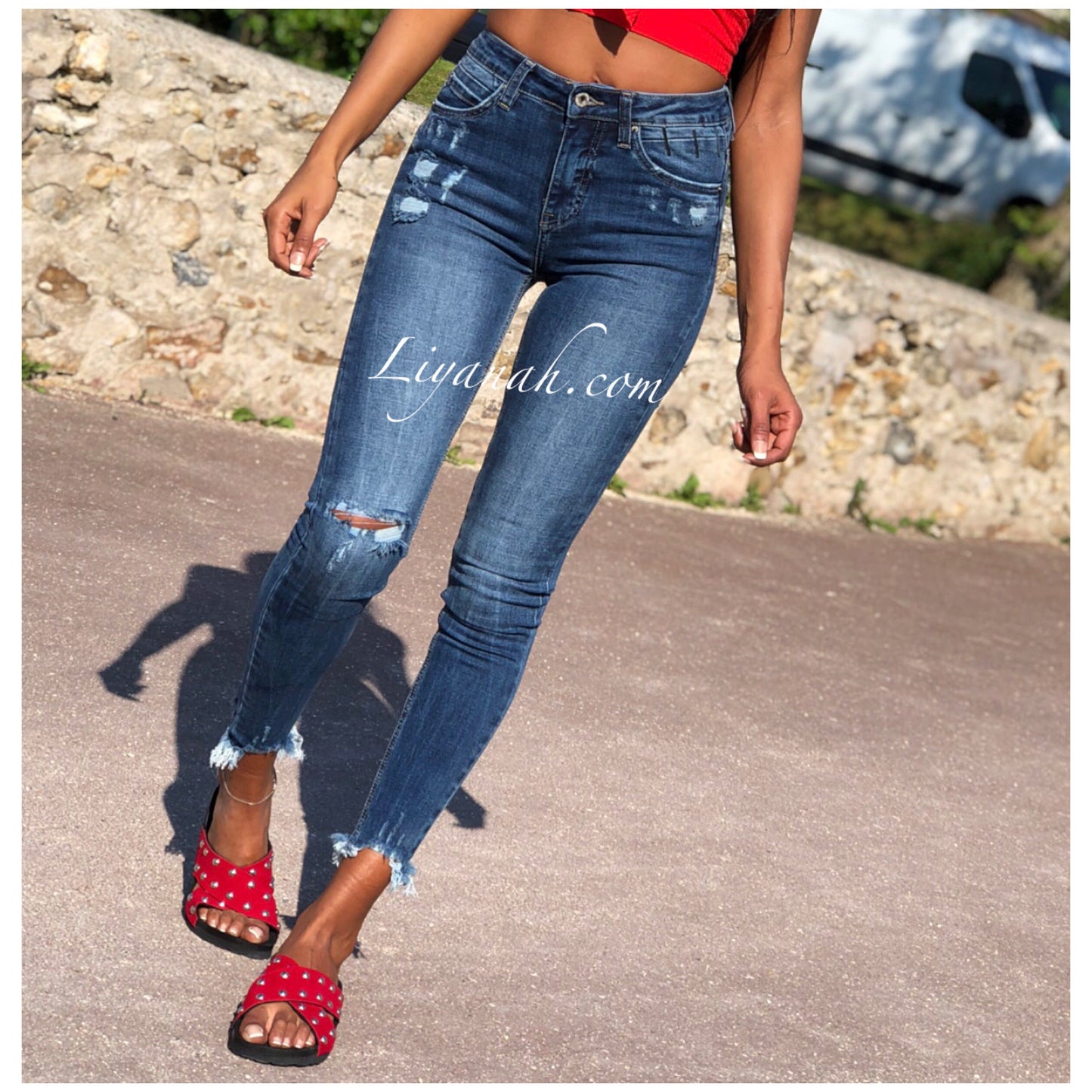 Jean Skinny Modèle DIHYA BLUE DESTROY TAILLE MI-HAUTE