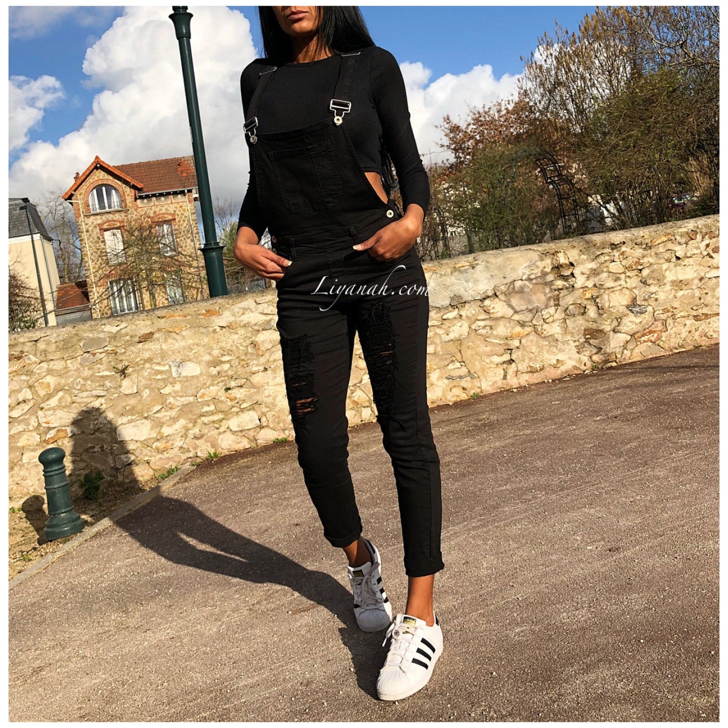 SALOPETTE NOIR Jean Effet Boyfriend MALYA