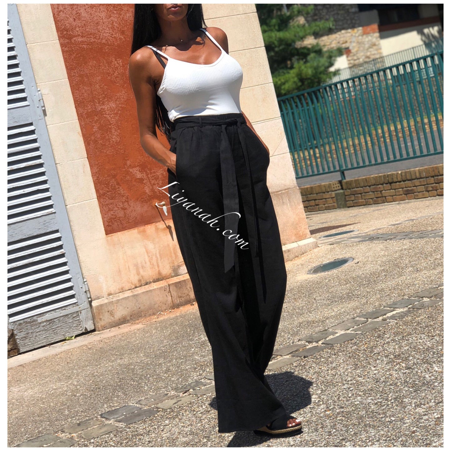 Pantalon Taille Haute Aspect Lin Modèle SIYARA NOIR