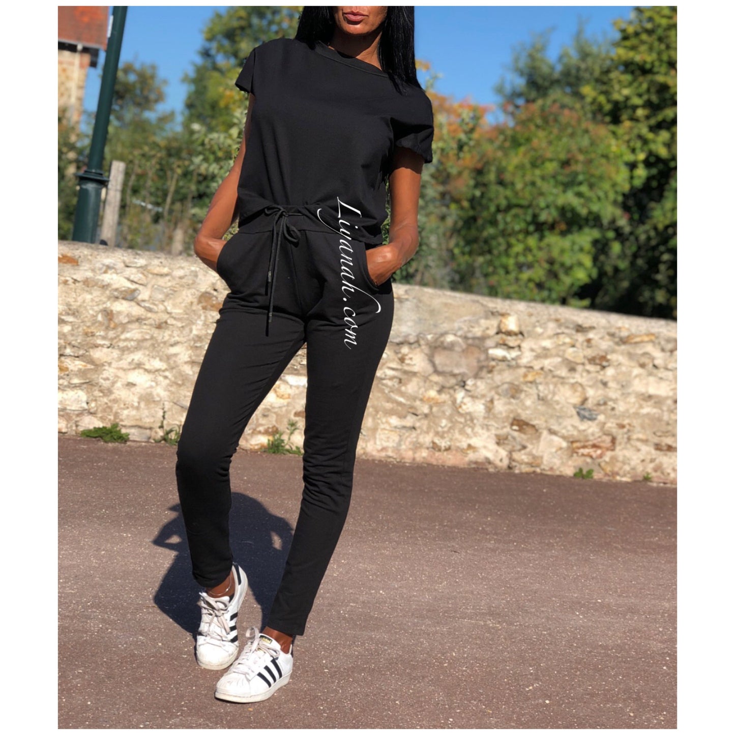 Ensemble Top / Pantalon Col Rond Modèle VEYA NOIR ou BEIGE