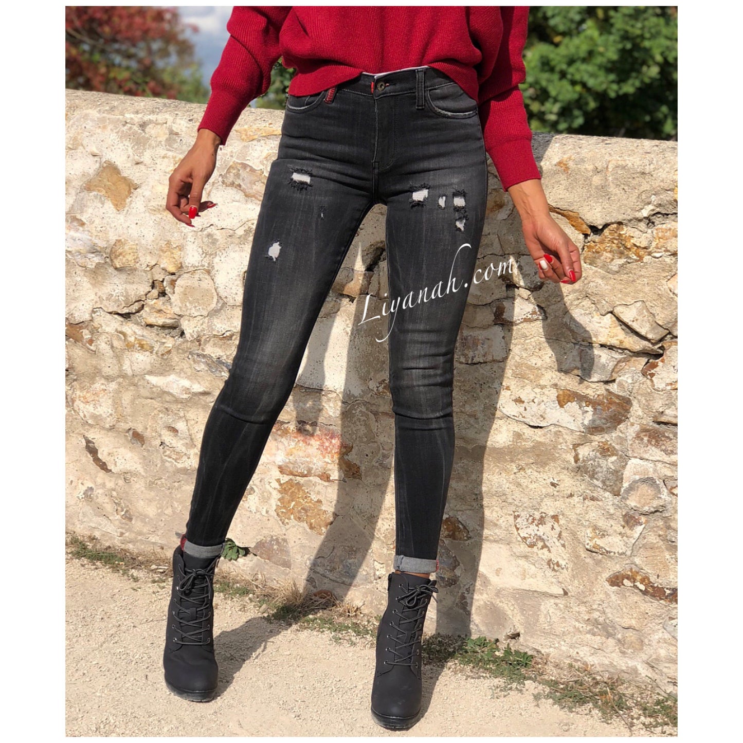 Jean Skinny Modèle DARYA GRIS FONCÉ DESTROY TAILLE MI-HAUTE