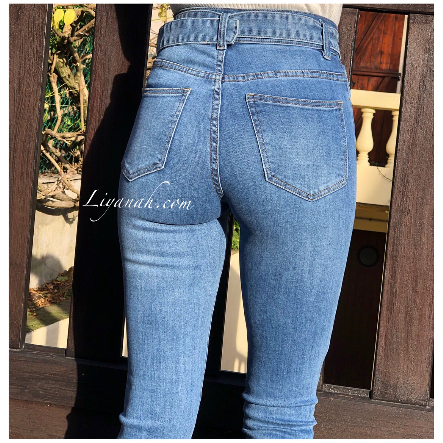 Jean Skinny BLEU CLAIR Modèle MASSYA TAILLE HAUTE À CEINTURE ANNEAUX